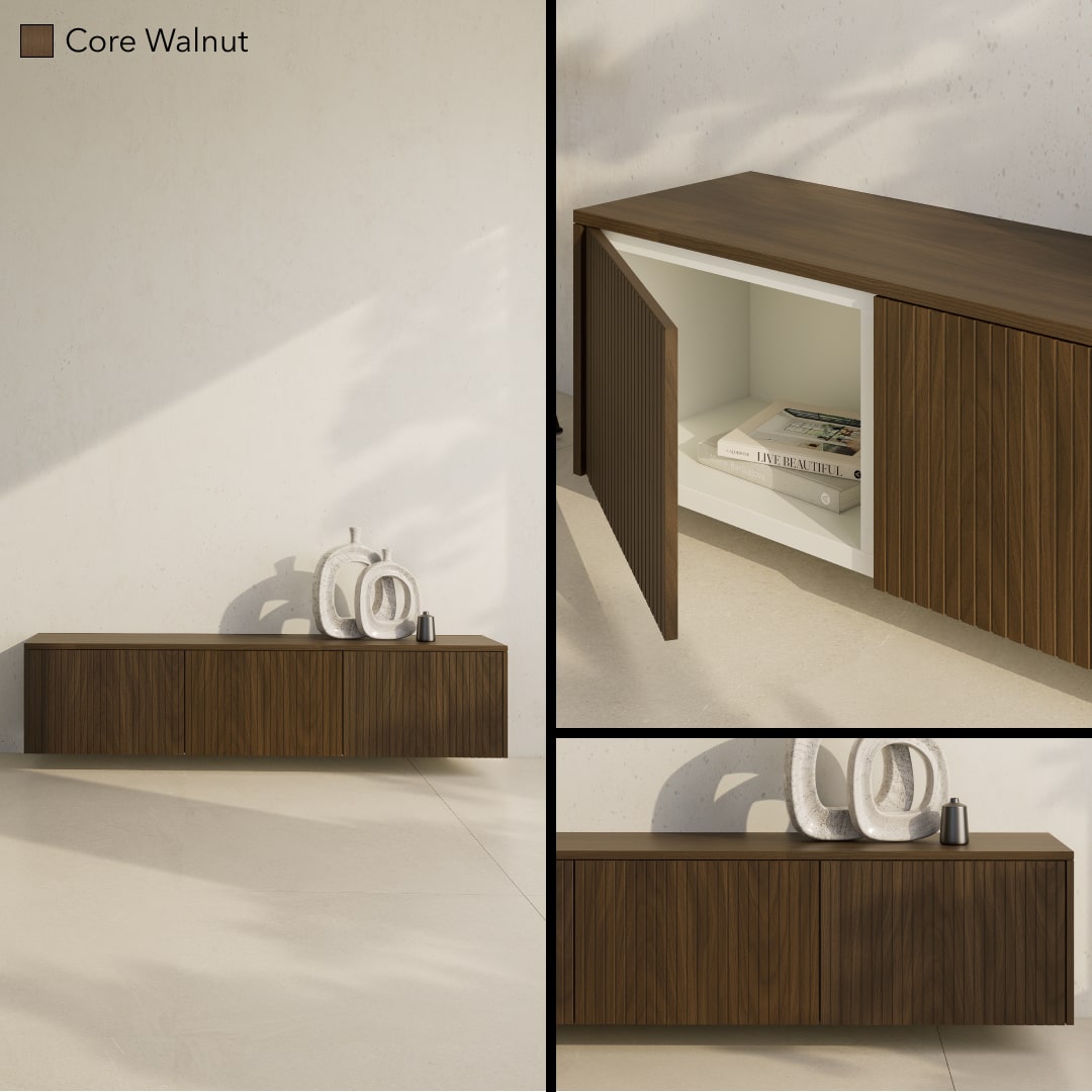 Wandhängendes Besta Sideboard mit gerillten Fronten in Core Walnut Echtholzfurnier.