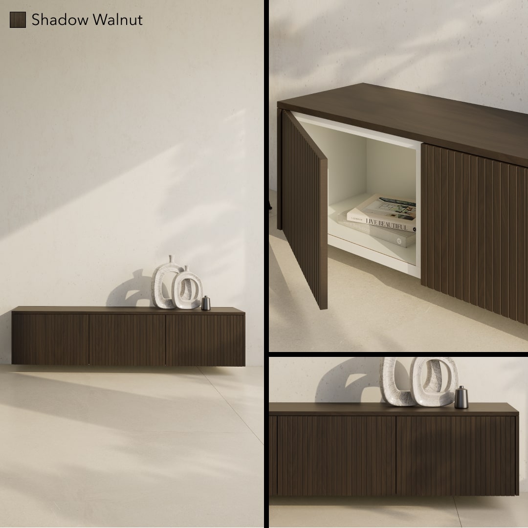 Ein wandhängendes Besta-Sideboard in Shadow Walnut mit gerillten Holzfronten.