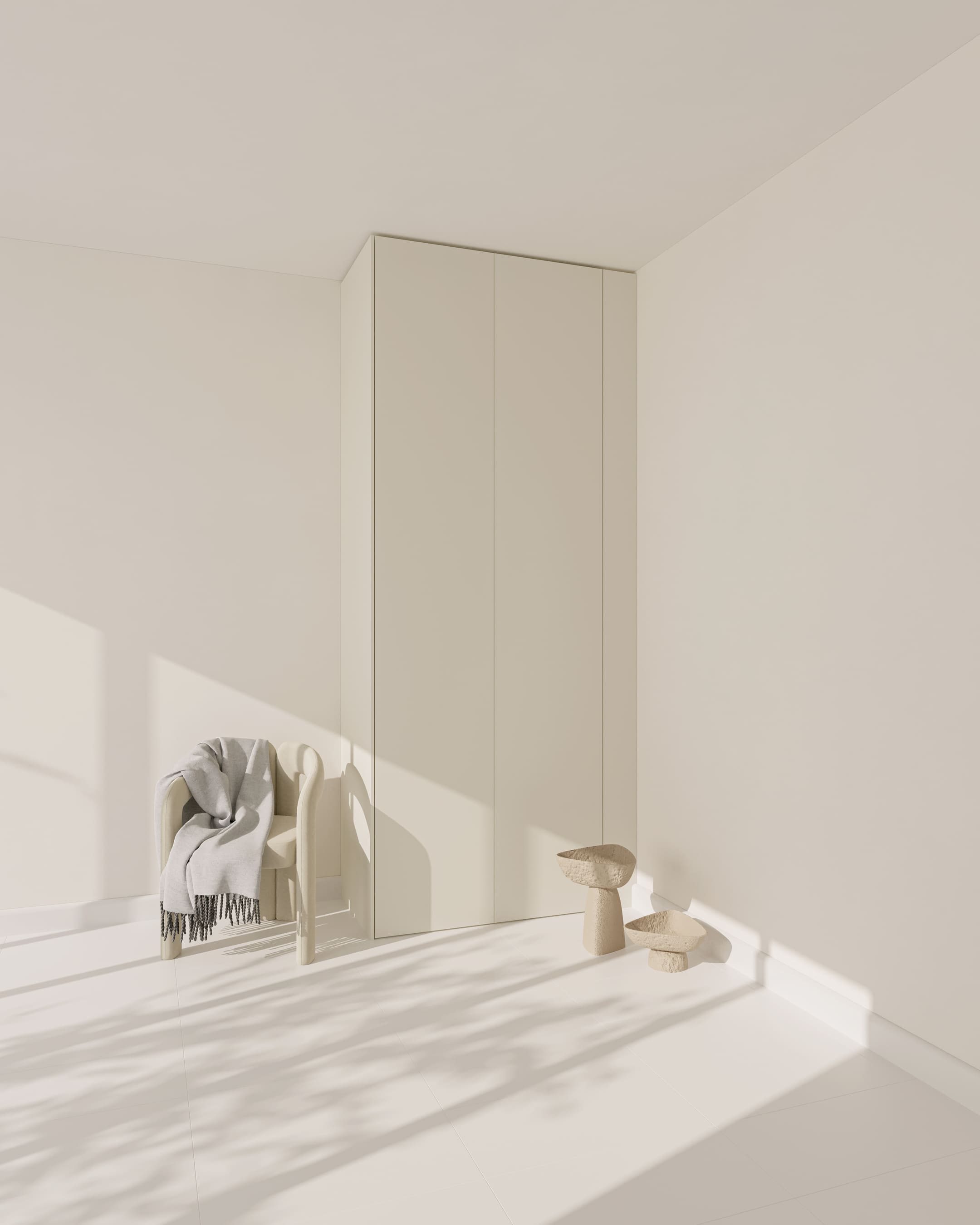 Eine matte, cremefarbene PAX Wandblende in Aurora Pure, die den Spalt zur Wand nahtlos verdeckt.