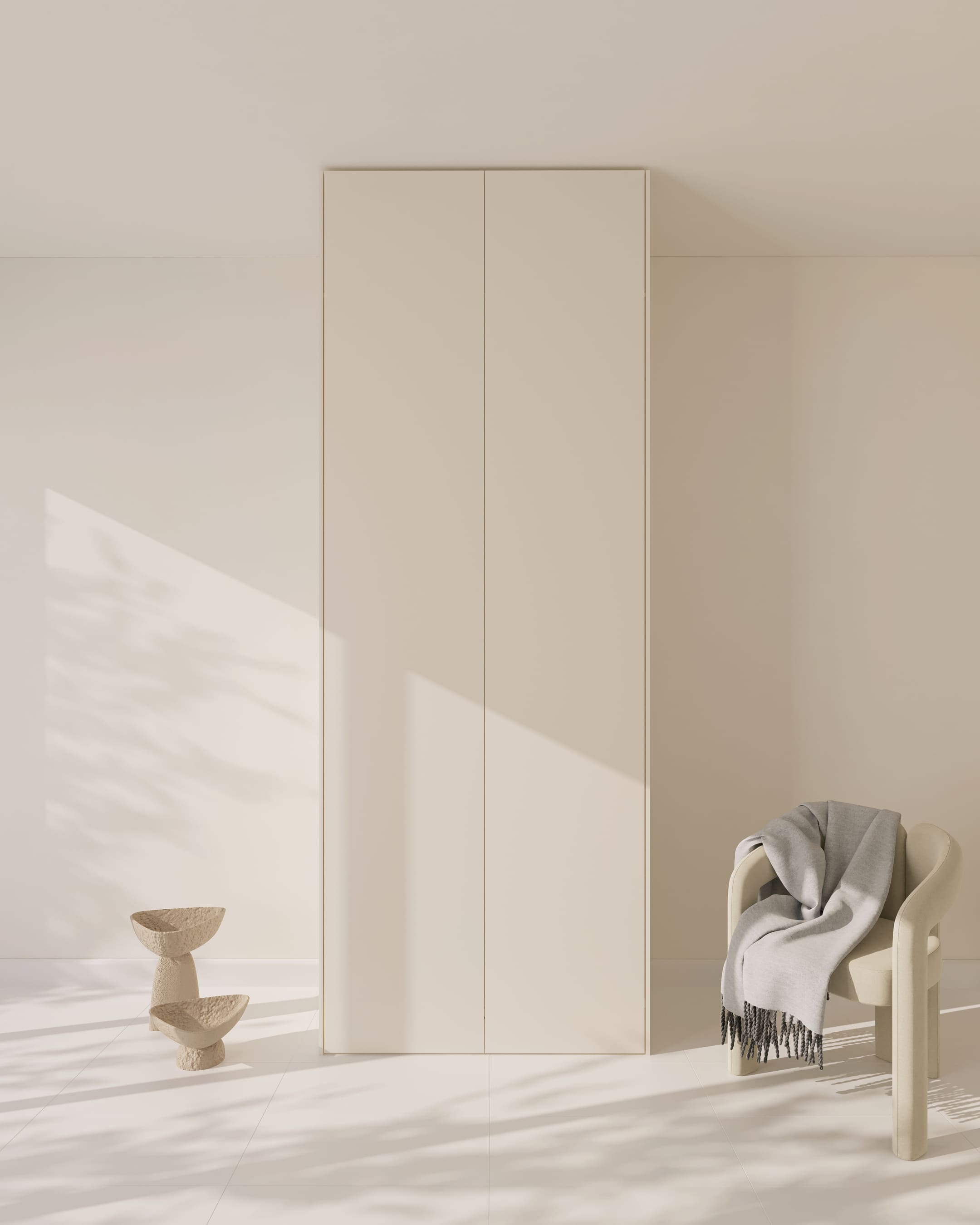 Zwei bodentiefe, matte PAX Türen in Aurora Pure Beige in einem minimalistischen Raum.