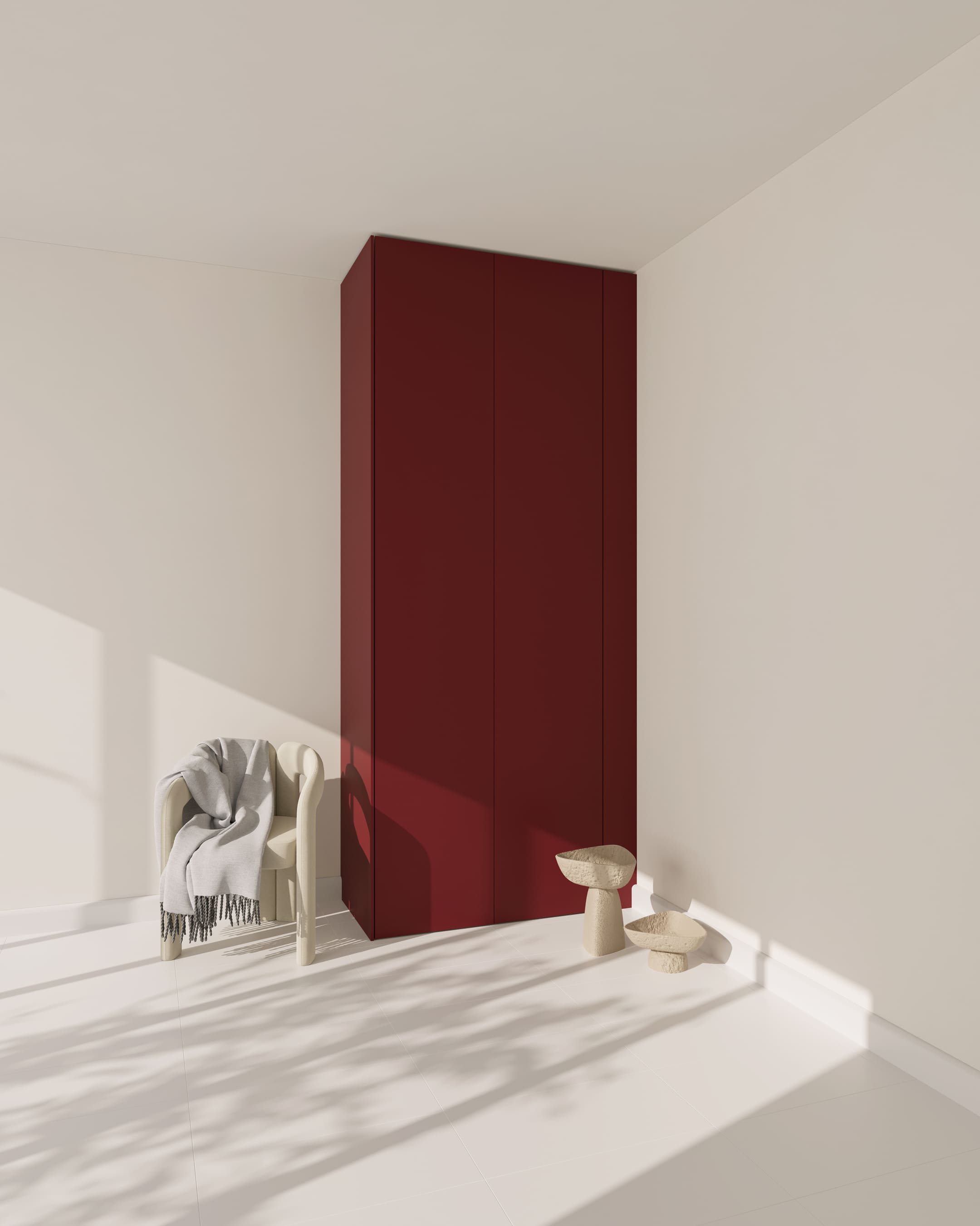 Dunkelrote, ultramatte PAX Wandblende in einem minimalistisch eingerichteten Raum.