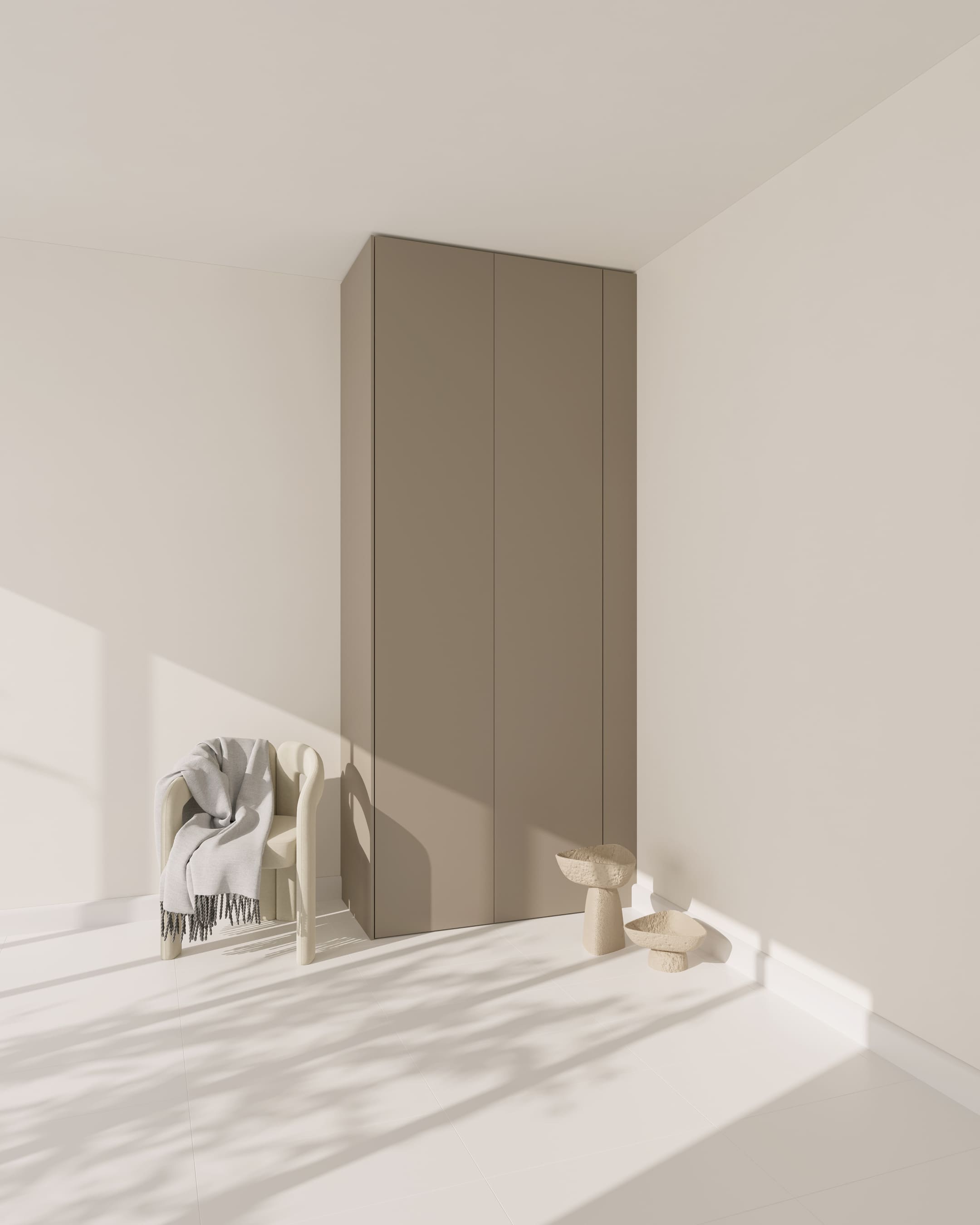 Eine taupefarbene, ultramatte PAX Wandblende in einem minimalistisch eingerichteten Raum.