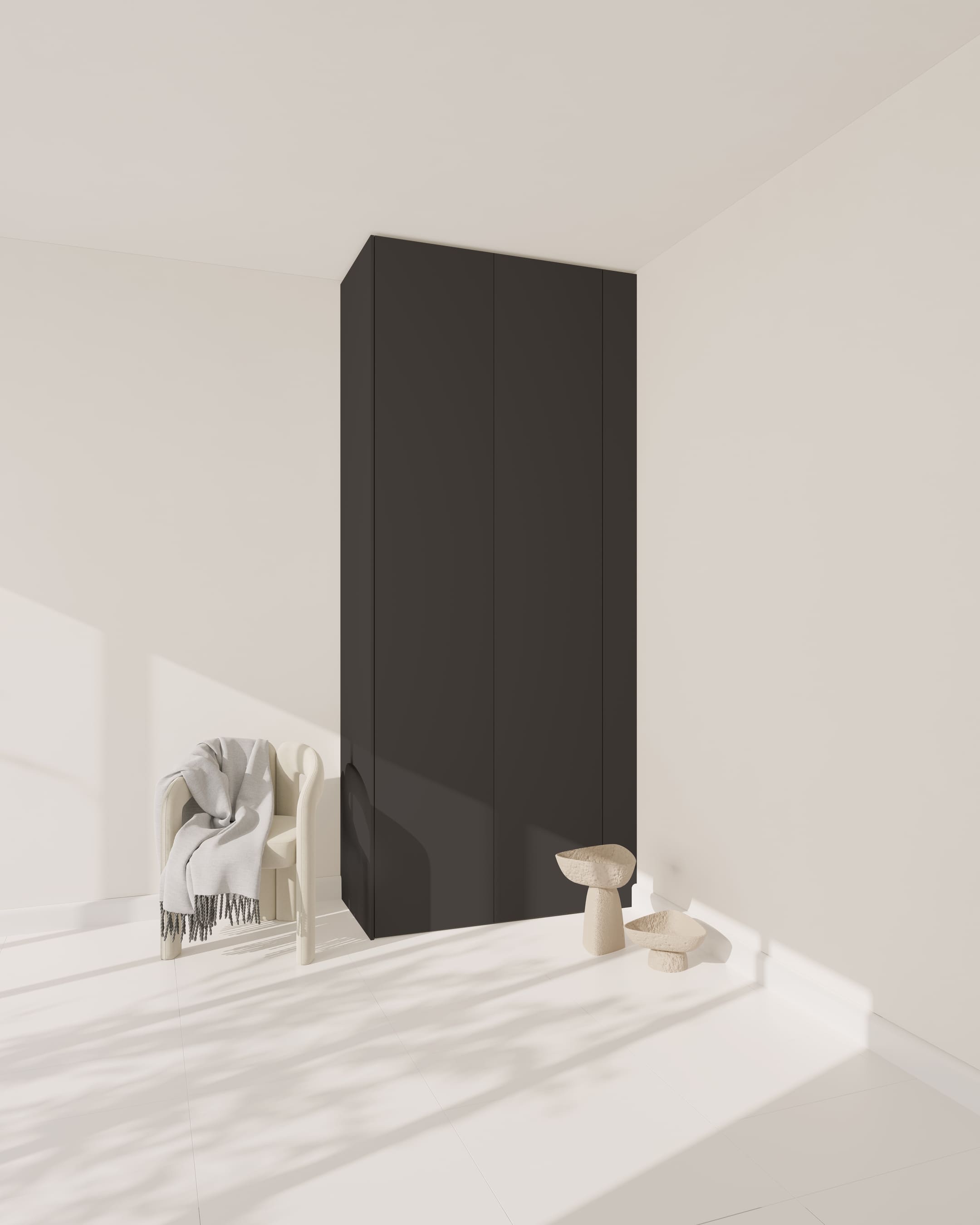 Dunkelgraue, ultramatte PAX Wandblende in einem minimalistisch eingerichteten Raum.