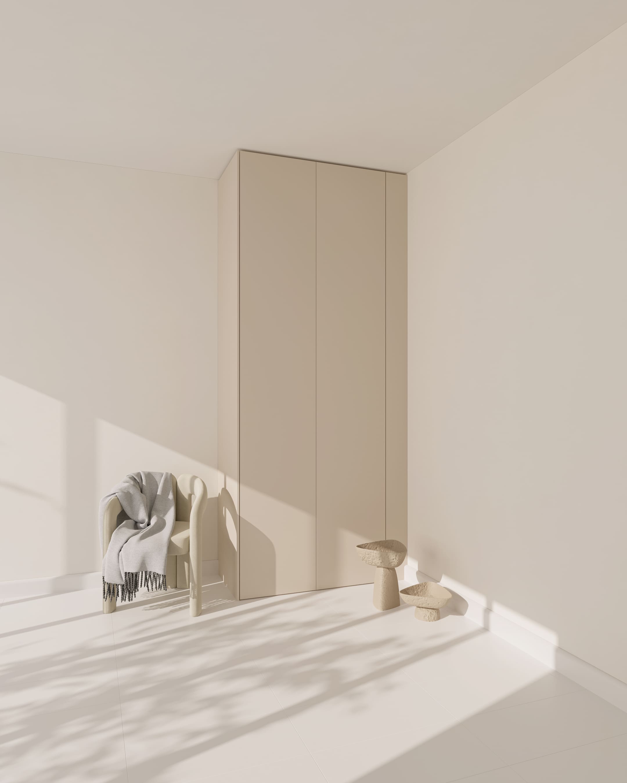 Eine beige Wandblende für PAX Schränke in einem minimalistisch eingerichteten Raum.