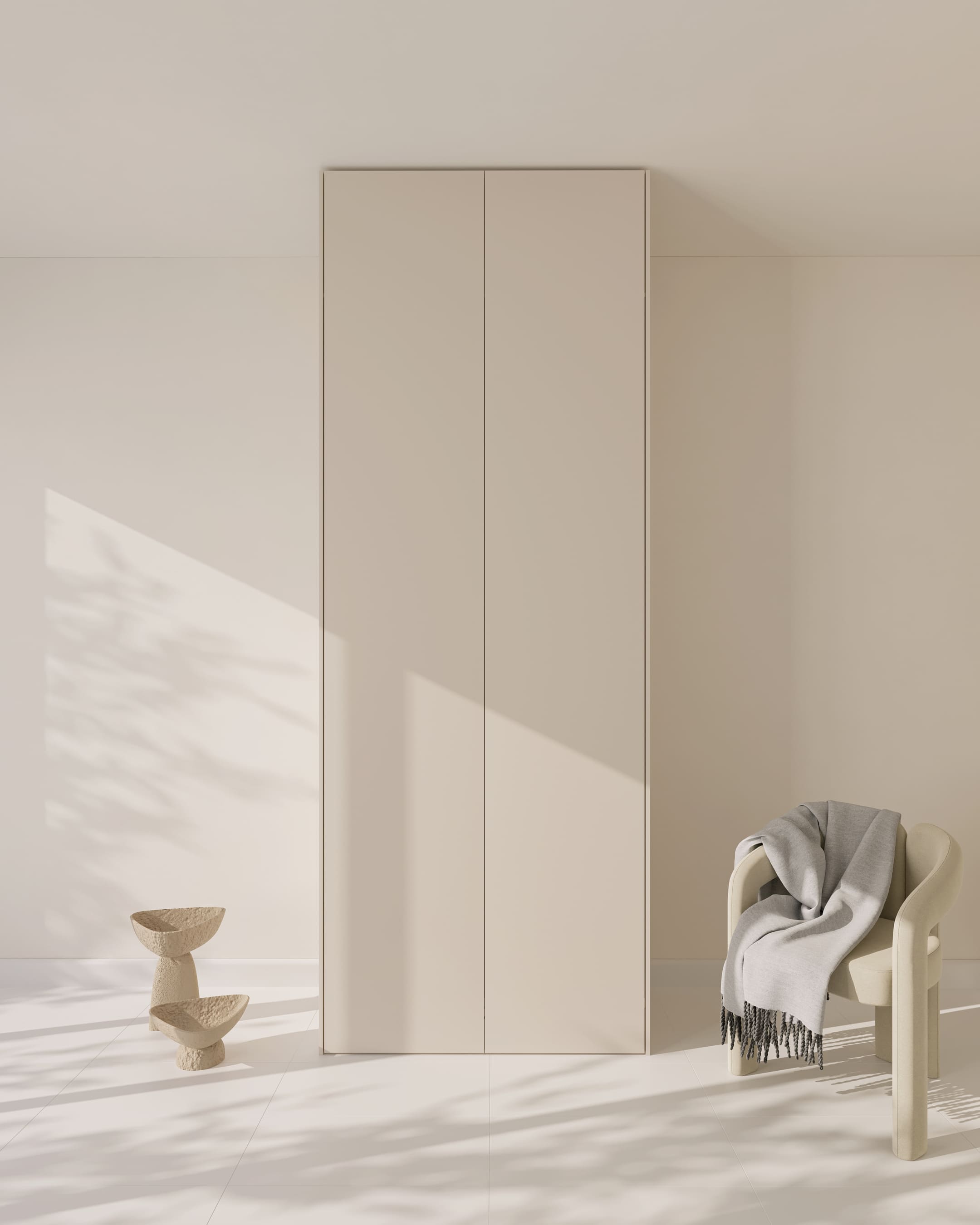 Zwei bodentiefe, matte PAX Türen in Aurora Pure Beige vor einer hellen Wand.