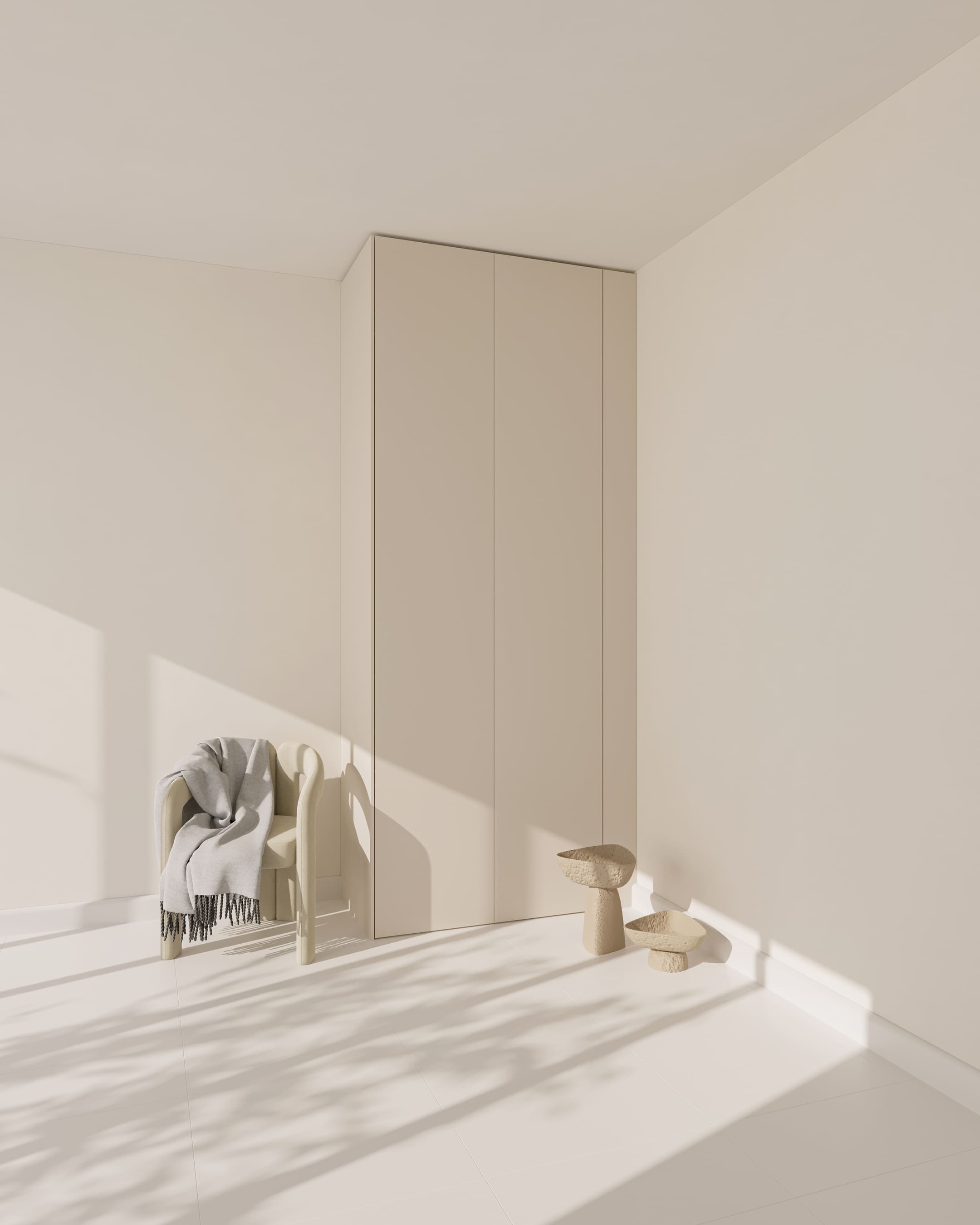 Eine matte, beigefarbene PAX Wandblende in Aurora Pure, die den Spalt zur Wand verdeckt.