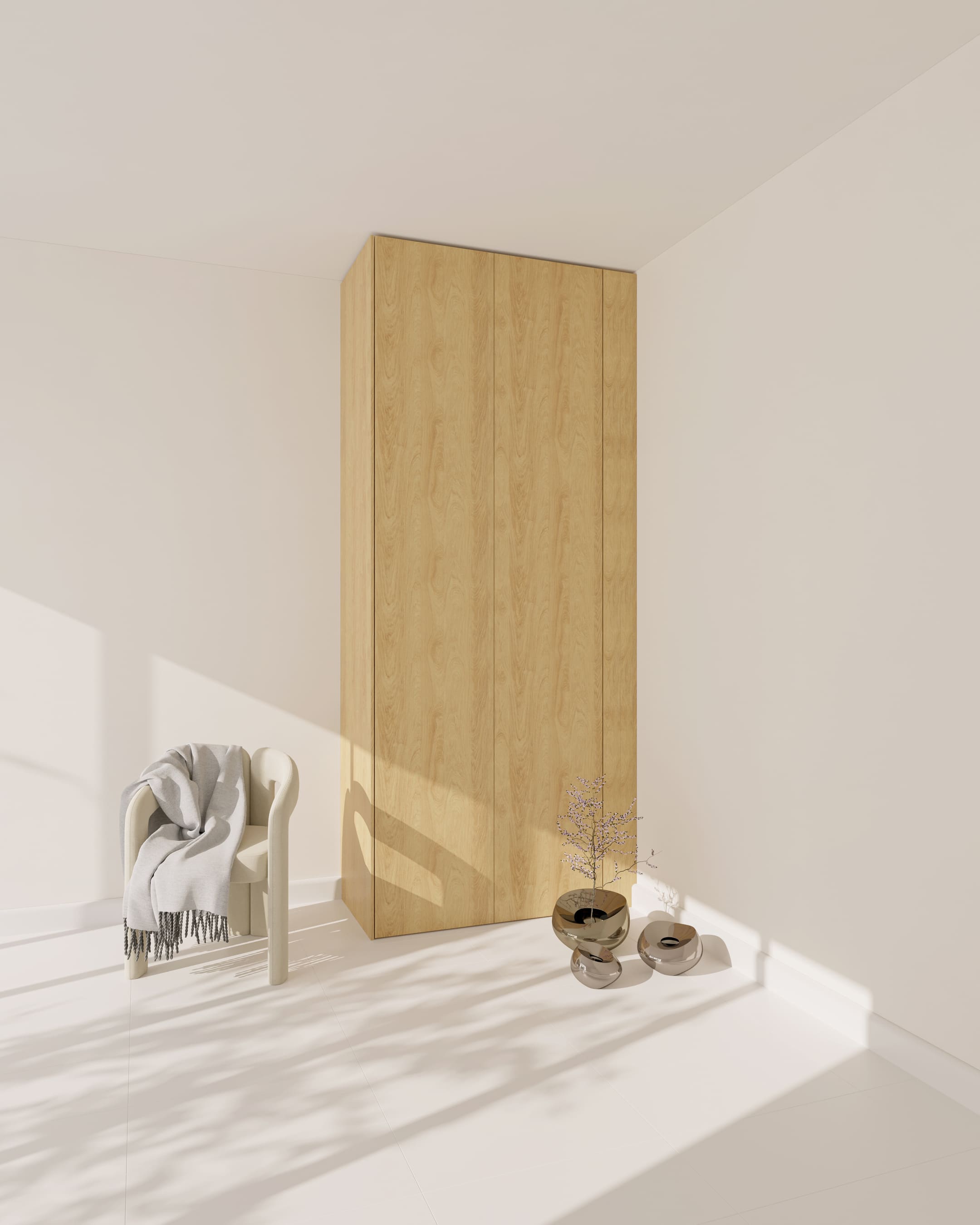 Eine PAX Wandblende in Dendro Pure Holzoptik, die den Spalt zwischen Schrank und Wand verdeckt.