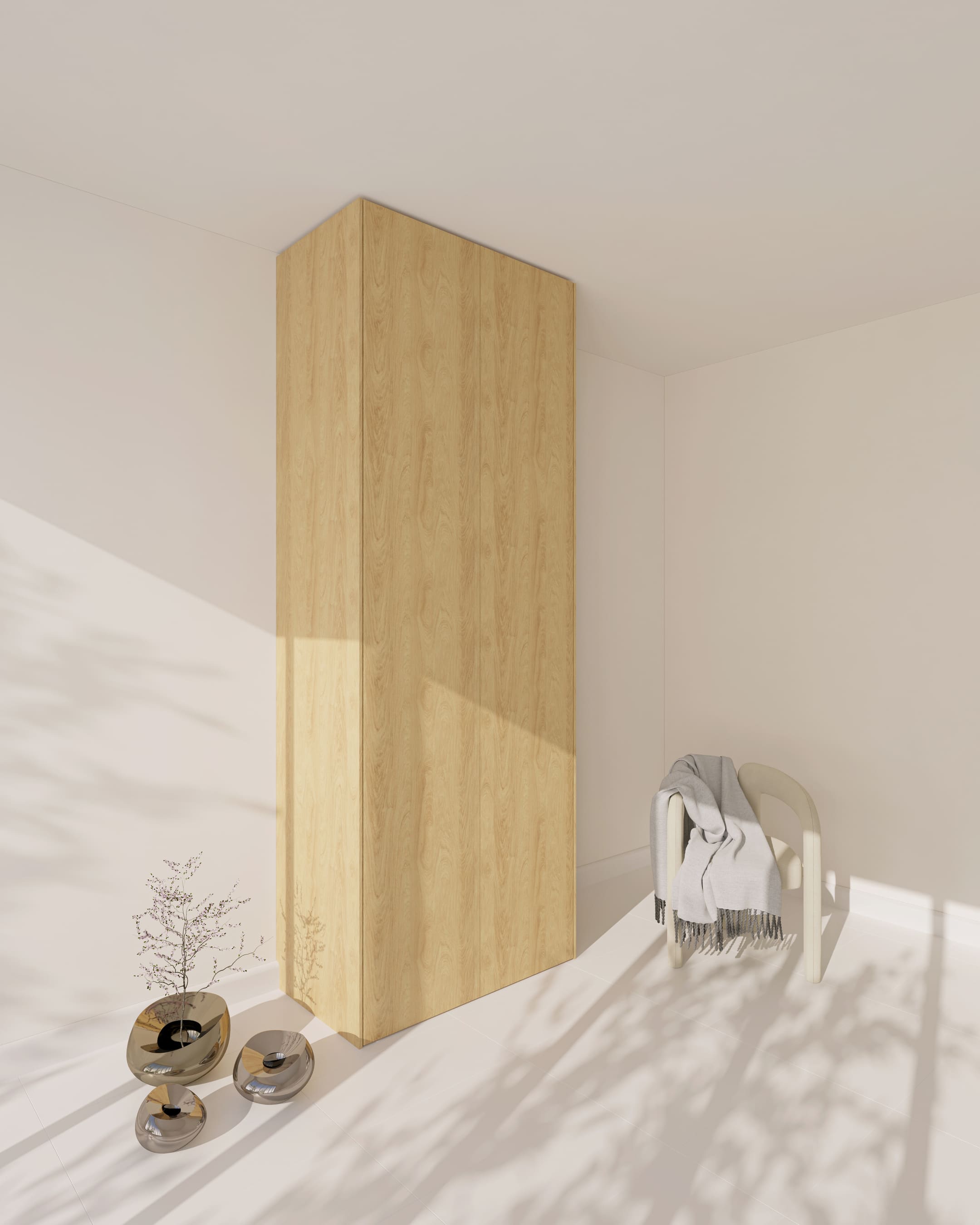 Eine hellbraune Holzoptik-Außenseite für einen PAX-Schrank in einem minimalistischen Raum.