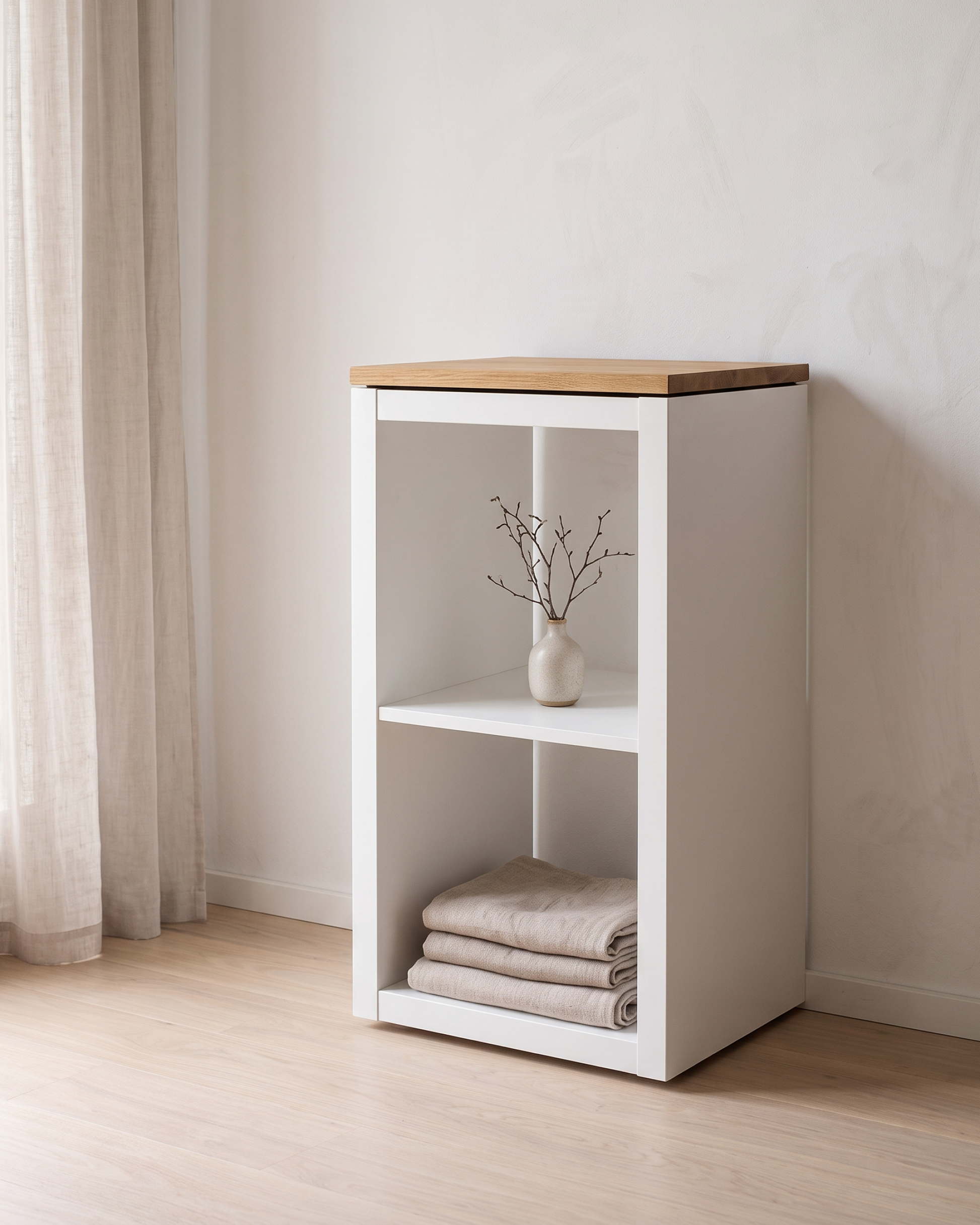 Holzplatte aus Eiche auf schmalem IKEA KALLAX Regal mit einem Fach Breite