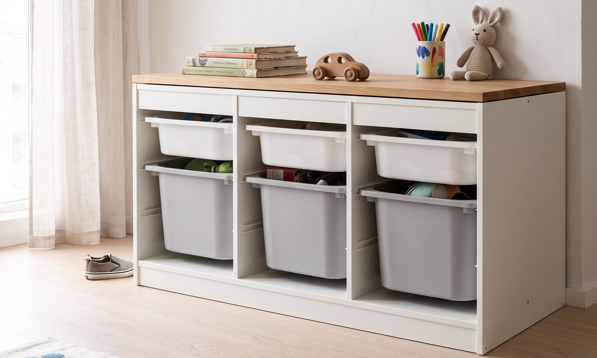 IKEA TROFAST Aufbewahrung nachher mit Holzplatte aus Eiche, Kinderzimmer im Querformat
