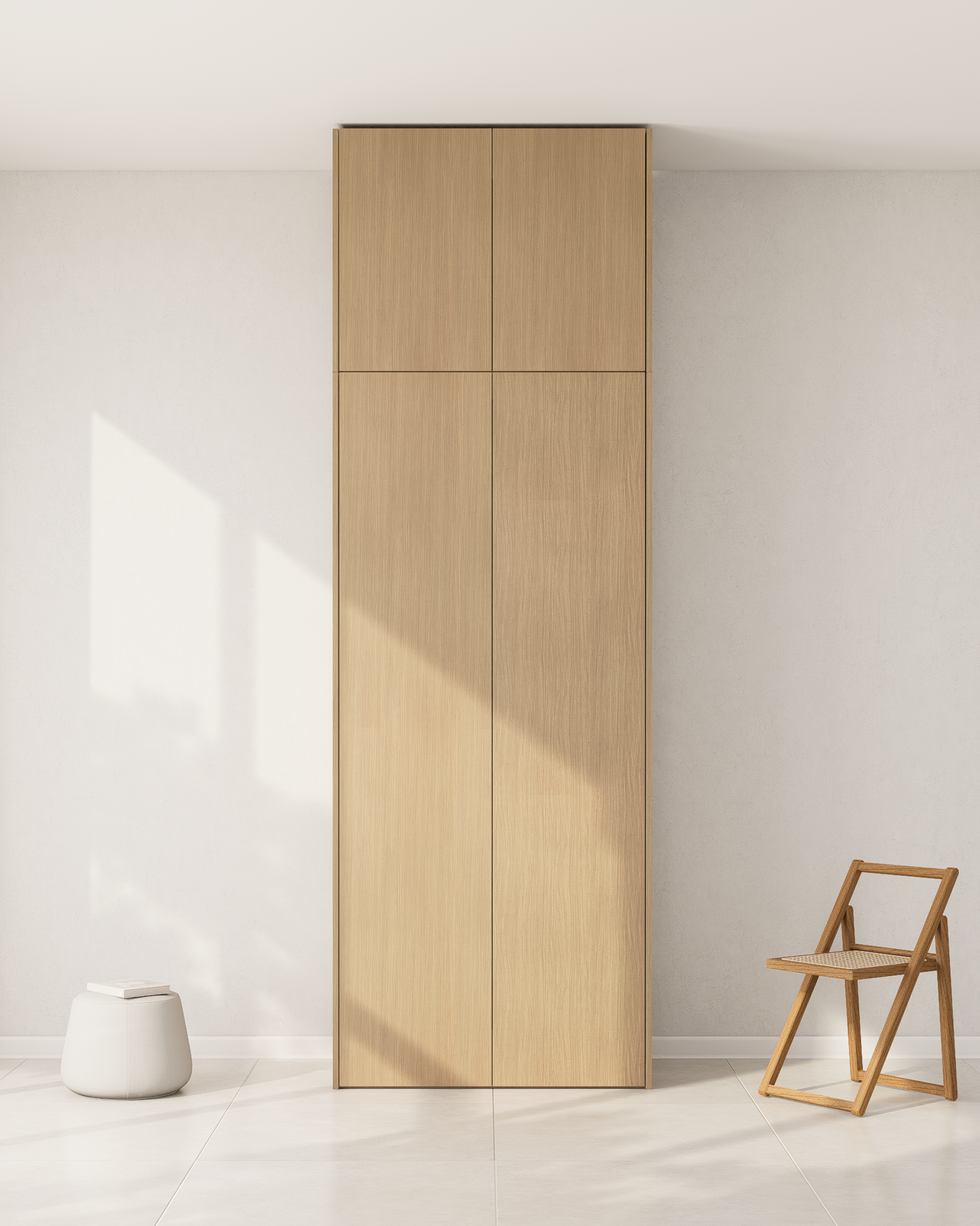 Zwei hellbraune Echtholzfurnier-Türen für einen PAX Aufsatzschrank in einer minimalistischen Umgebung.