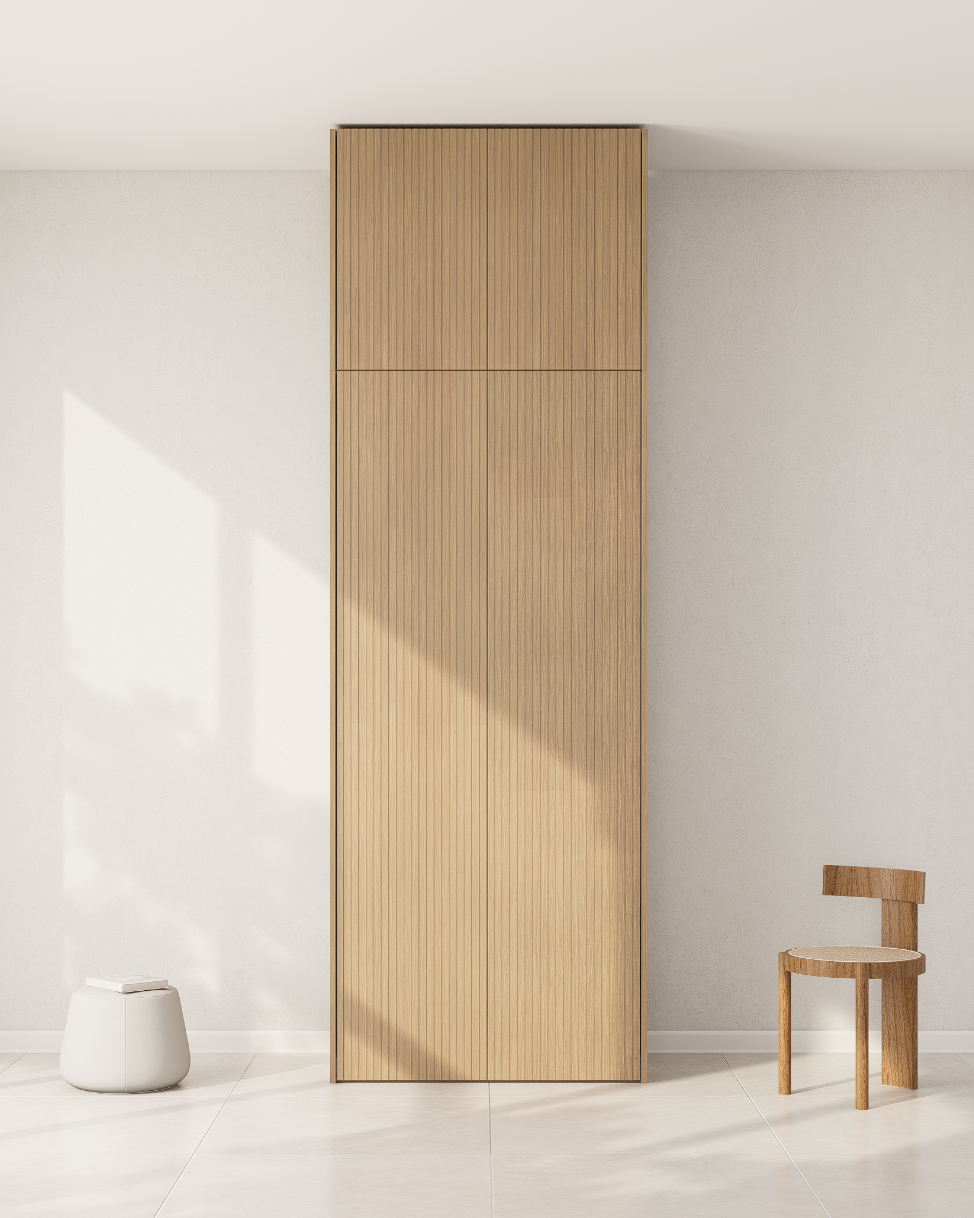 PAX Aufsatzschrank Tür Dendro Ligna mit vertikalen Rillen in hellem Echtholzfurnier.