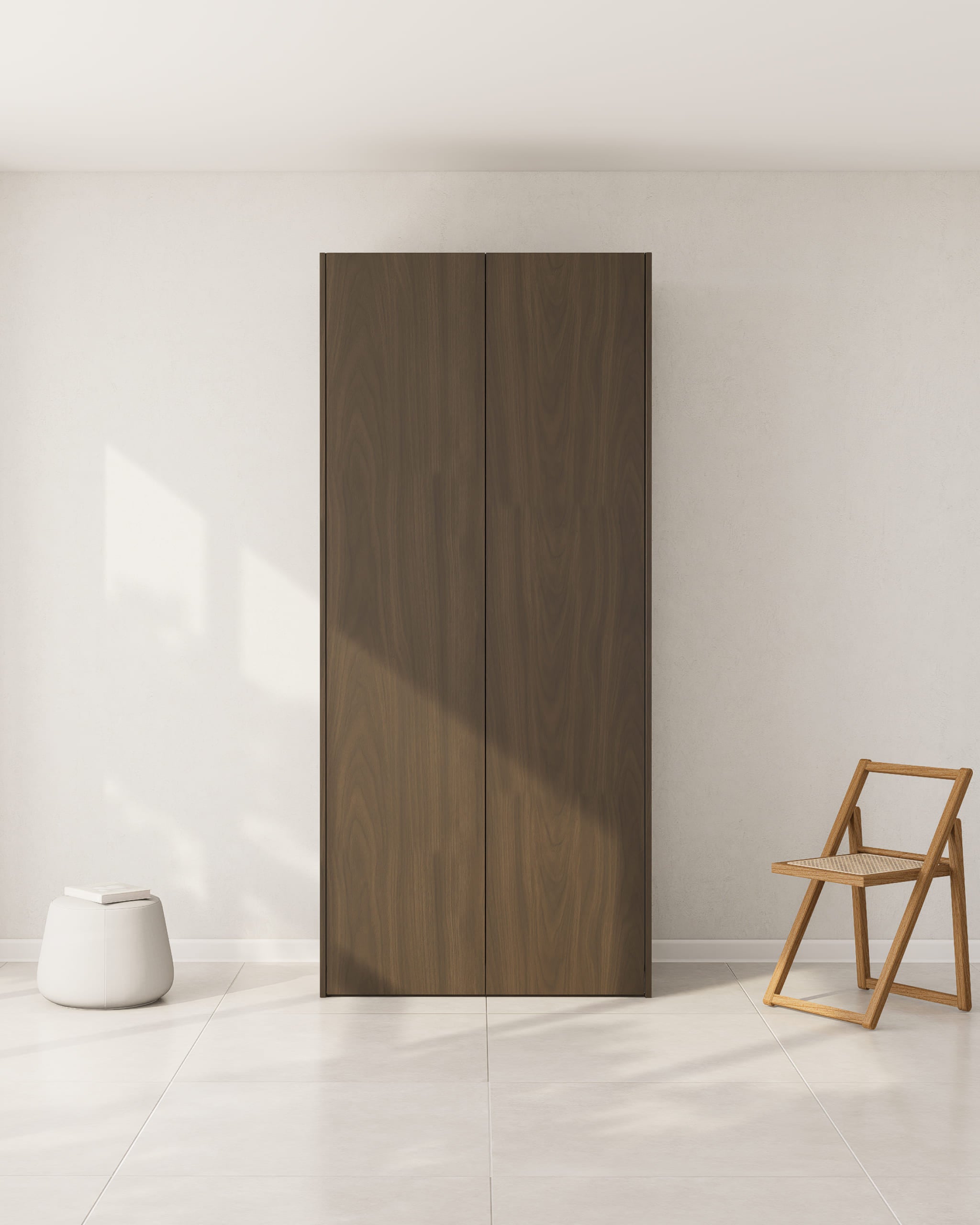 A pair of dark wood veneer doors for an IKEA PAX wardrobe standing in a minimalist room.