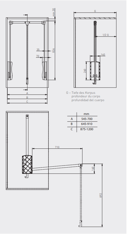 Technische Zeichnung des Select Living Kleiderlifts für IKEA PAX Schränke mit Maßangaben.