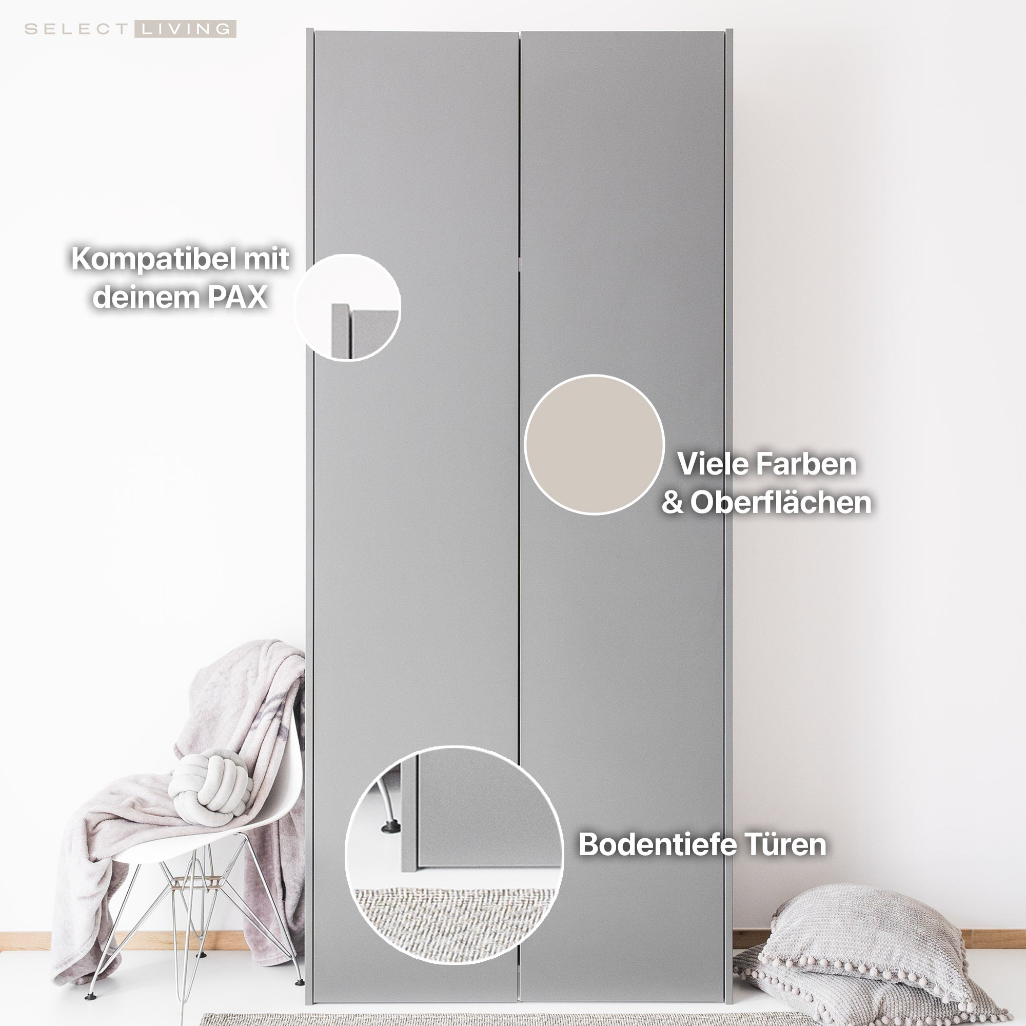 Graue, bodentiefe Schranktüren im matten Design passend für den PAX Kleiderschrank.
