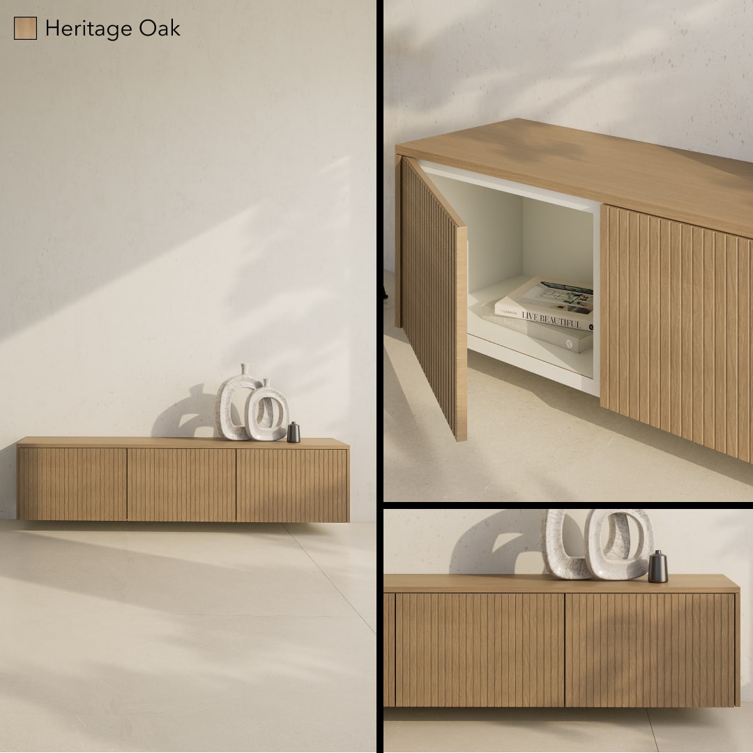 Wandmontiertes Besta Sideboard in Heritage Oak mit gerillten Holzfronten.