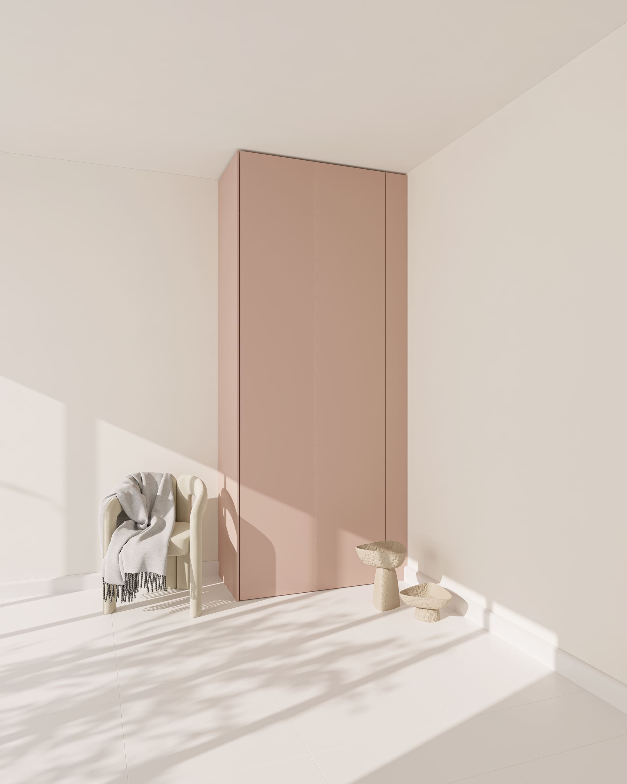 Eine matte, rosafarbene PAX Wandblende in Aurora Pure an einem Kleiderschrank.