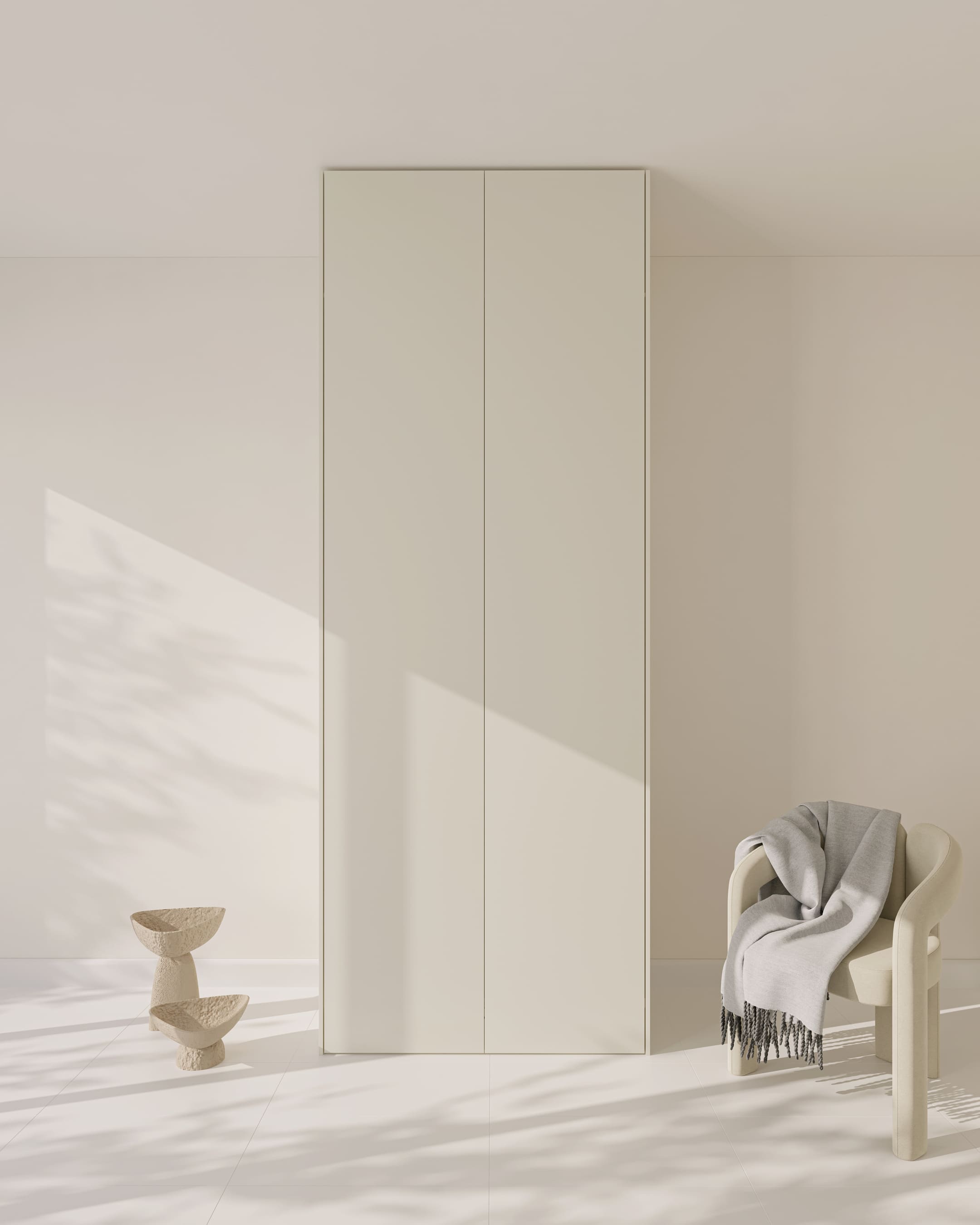 Zwei bodentiefe, matte PAX Türen in Aurora Pure Beige in einem minimalistischen Raum.