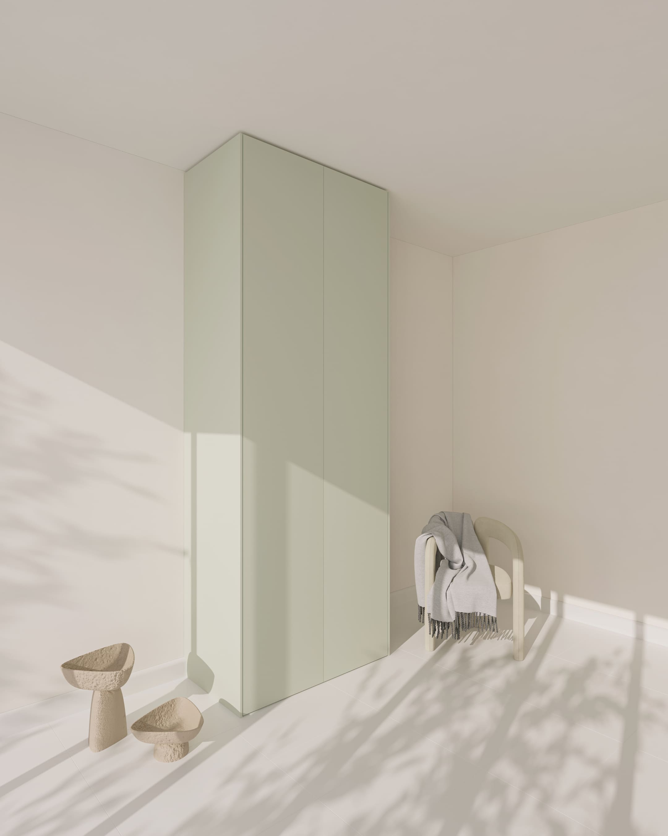 Eine hellgrüne PAX Außenseite in matter Aurora Pure Optik an einem Kleiderschrank.