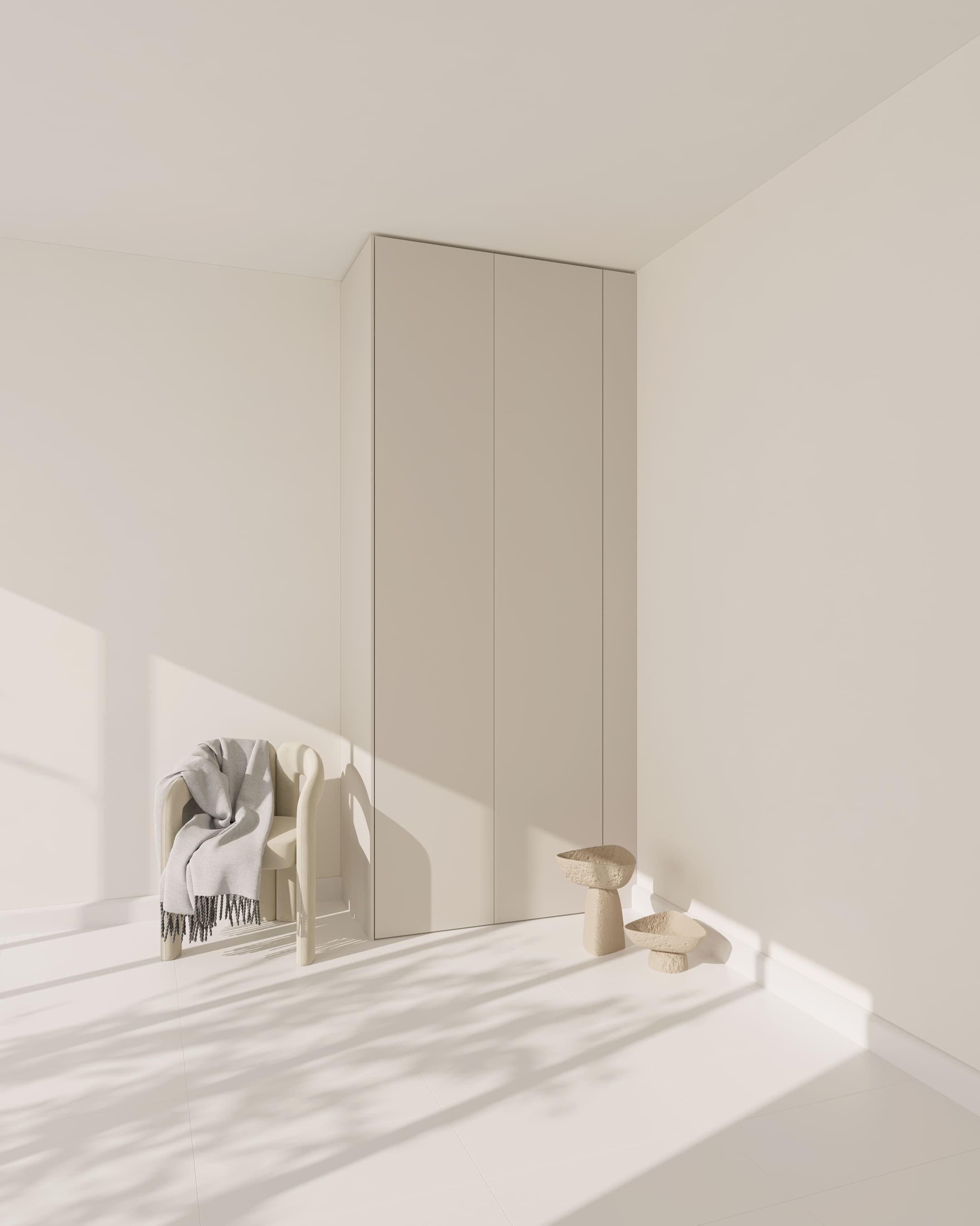 Eine beige Wandblende für PAX Schränke in einem minimalistisch eingerichteten Raum.