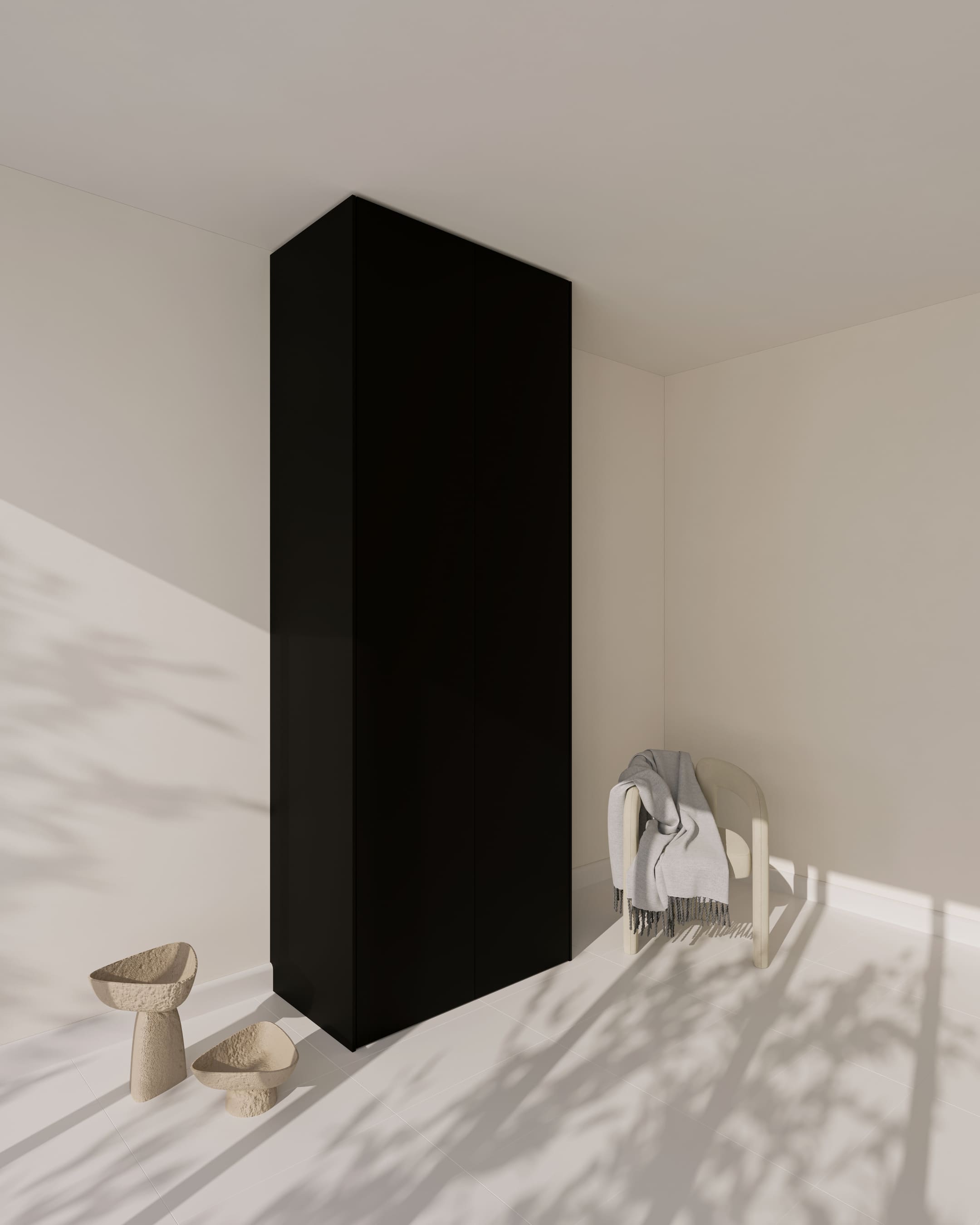 Schwarze, ultramatte PAX Außenseite Aurora Signature in einem minimalistischen Raum.