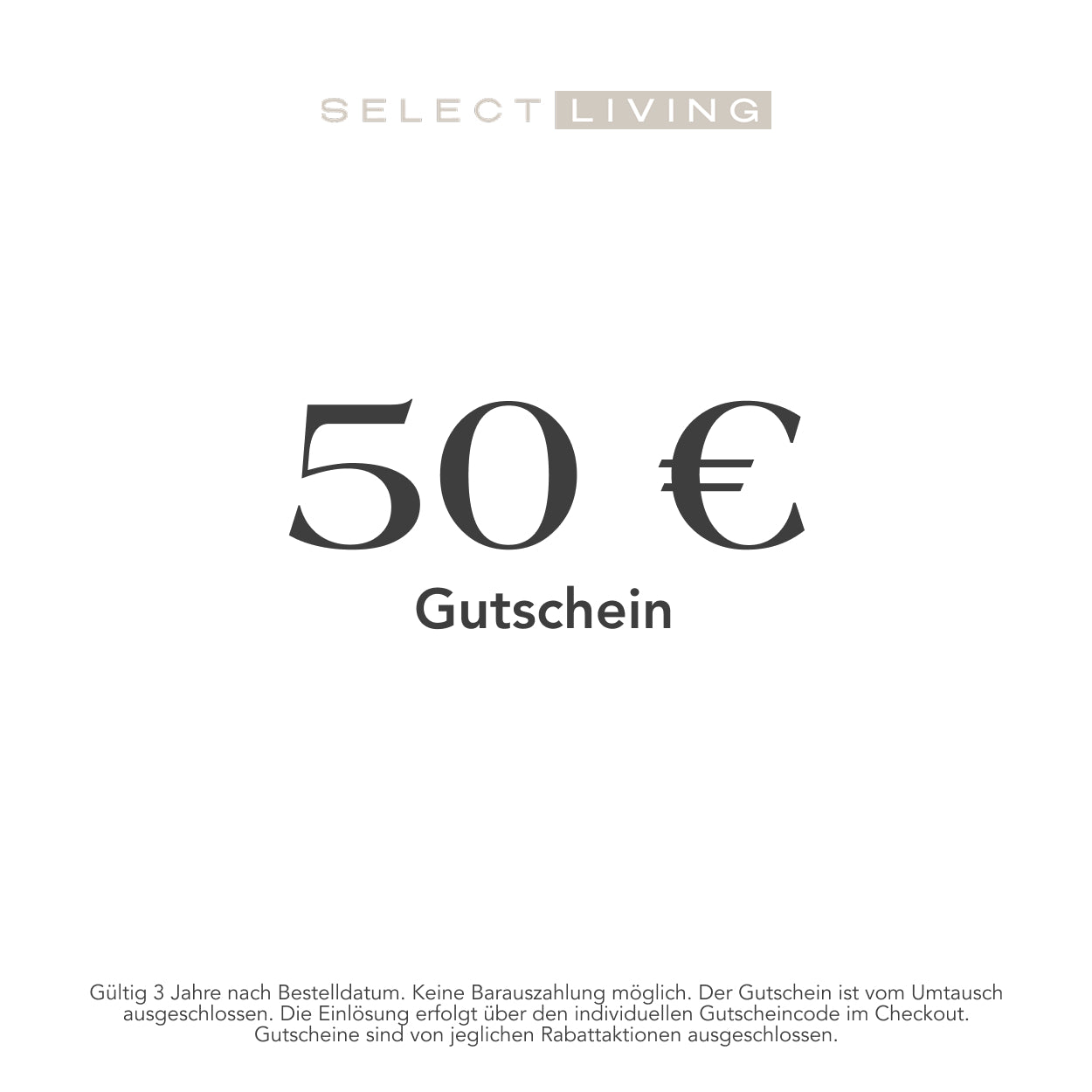 Ein Select Living Geschenkgutschein mit einem Wert von 50 Euro.