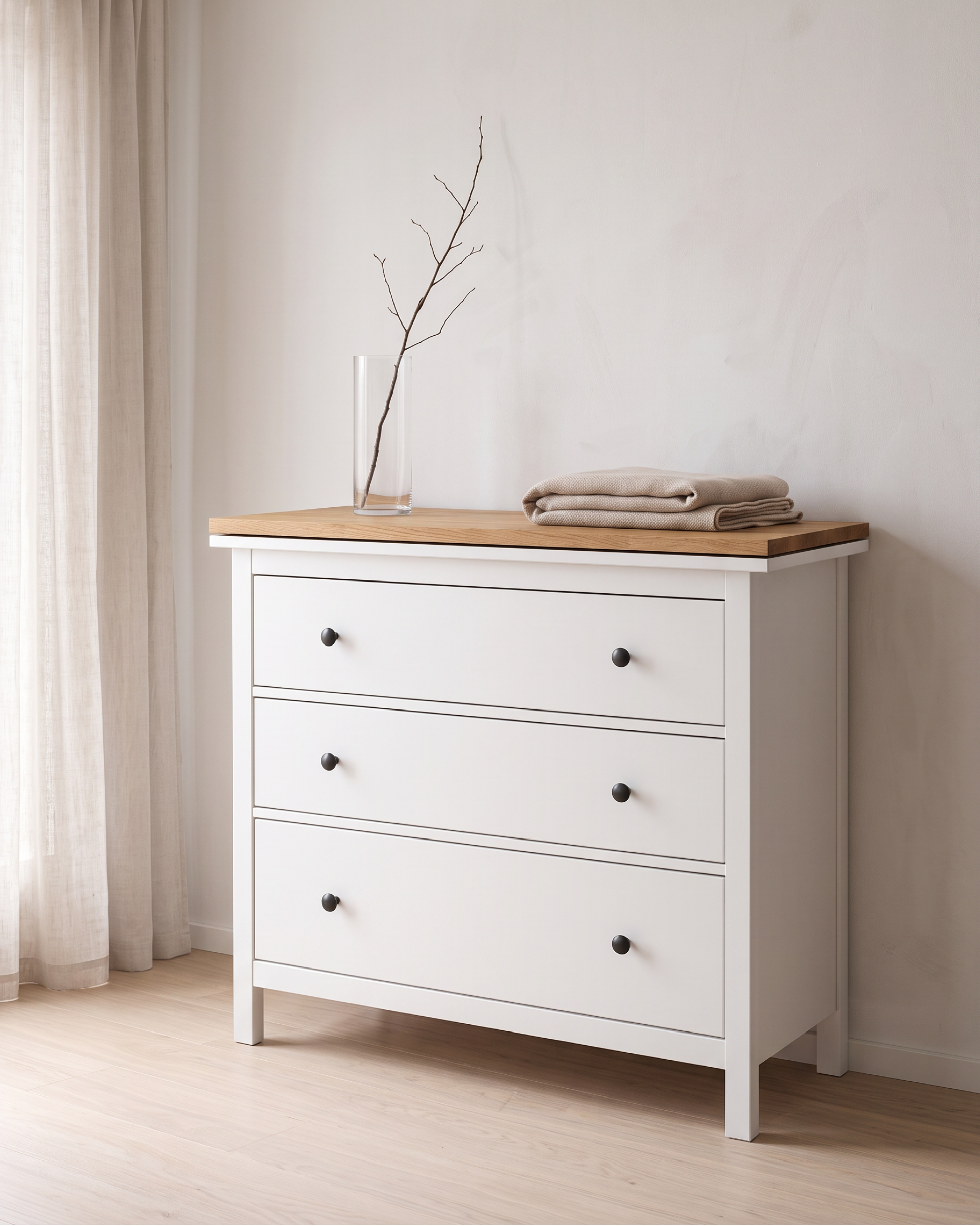 Holzplatte aus Eiche auf IKEA HEMNES Kommode mit drei Schubladen im Schlafzimmer