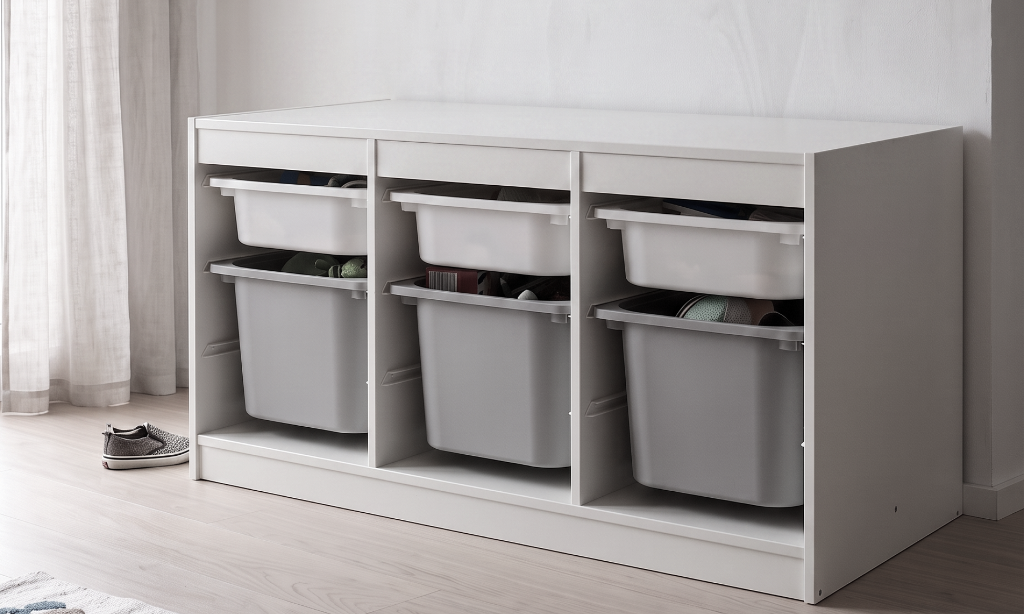IKEA TROFAST Aufbewahrung vorher ohne Holzplatte, Kinderzimmer im Querformat