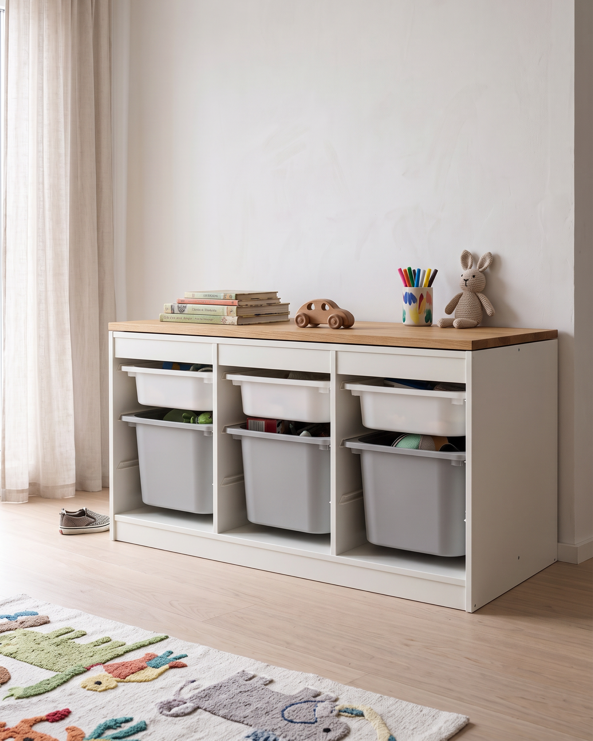 Holzplatte aus Eiche als Ablage auf IKEA TROFAST Regal mit Boxen im Kinderzimmer