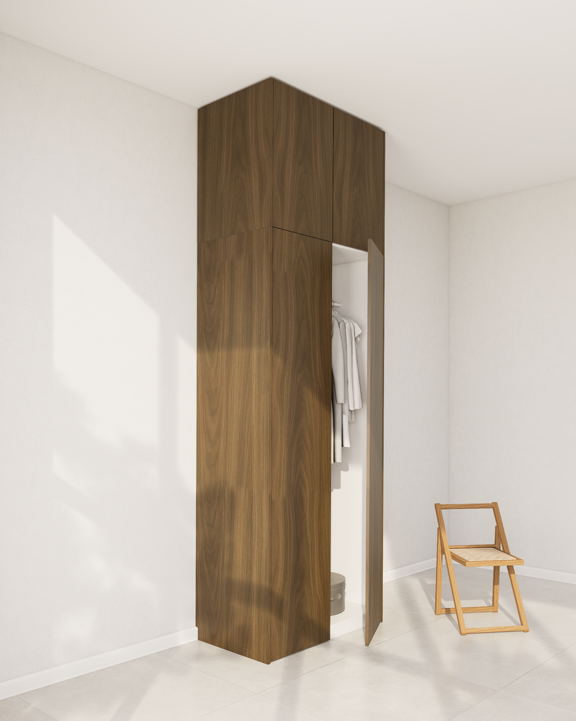 Dunkle Holzfurnier-Seitenverkleidung für einen PAX Aufsatzschrank in einem hellen Raum.