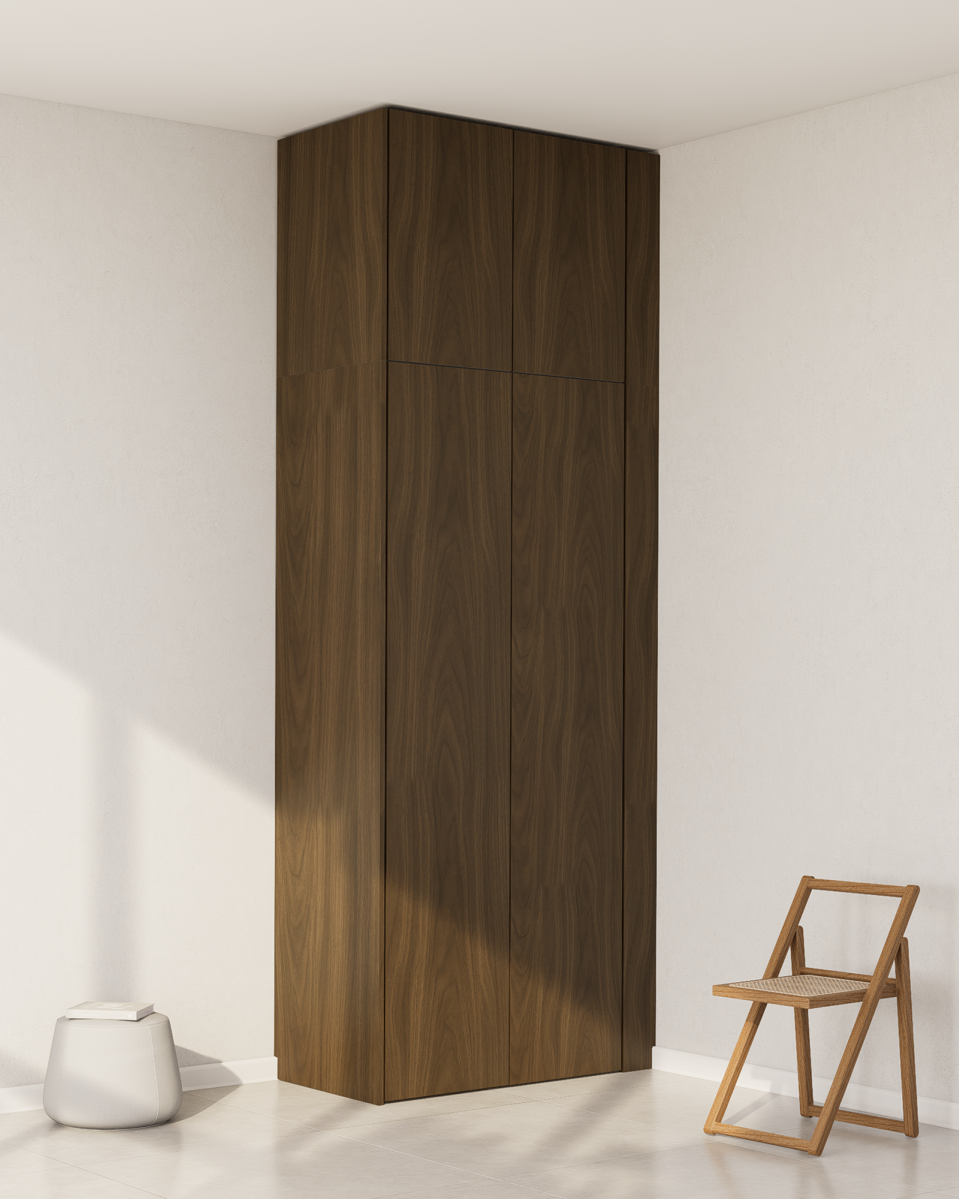 Dunkle Wandblende aus Echtholzfurnier für einen PAX Aufsatzschrank in einer Zimmerecke.