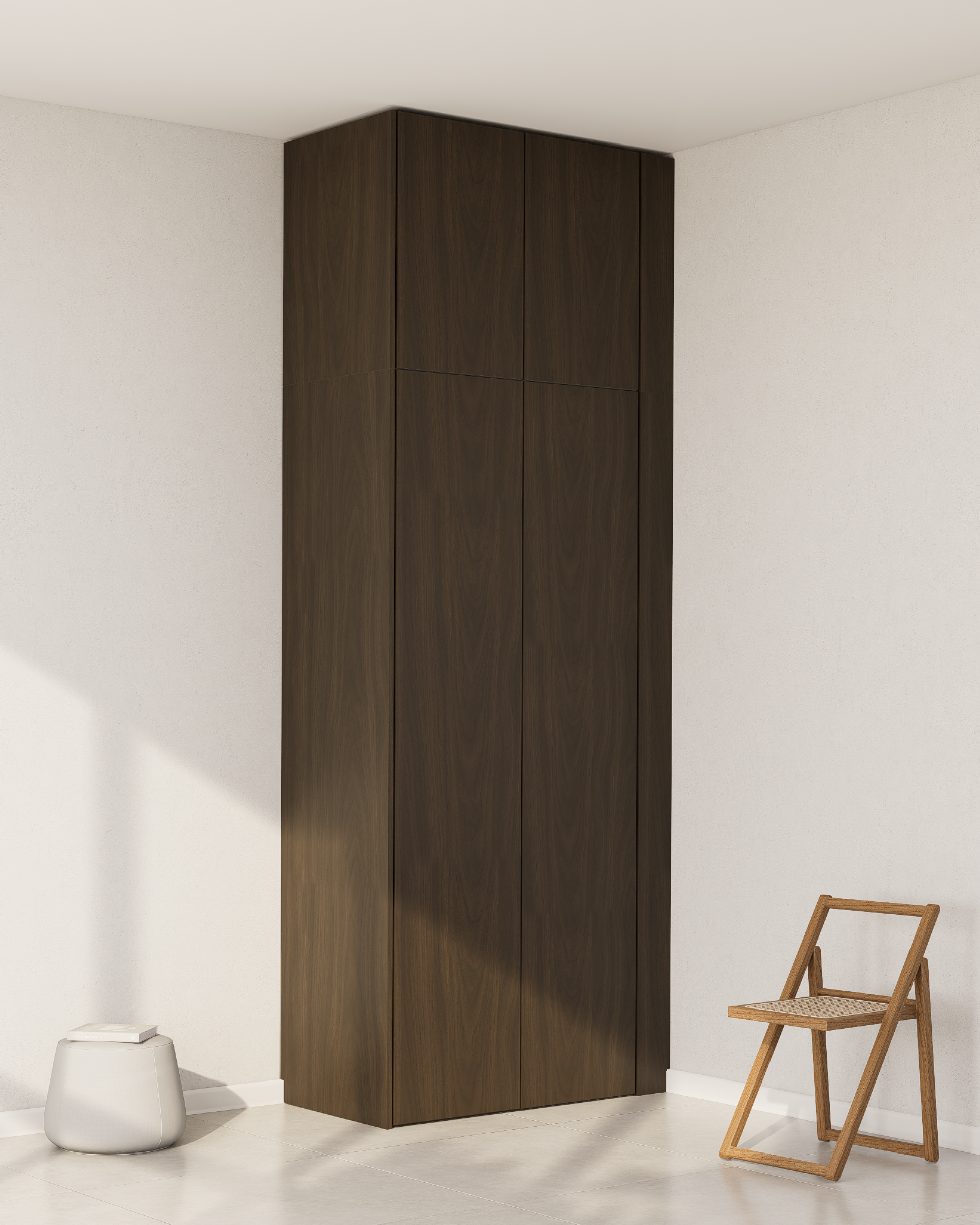 Dunkle Echtholz-Wandblende für PAX Schränke zur Abdeckung seitlicher Wandspalten.