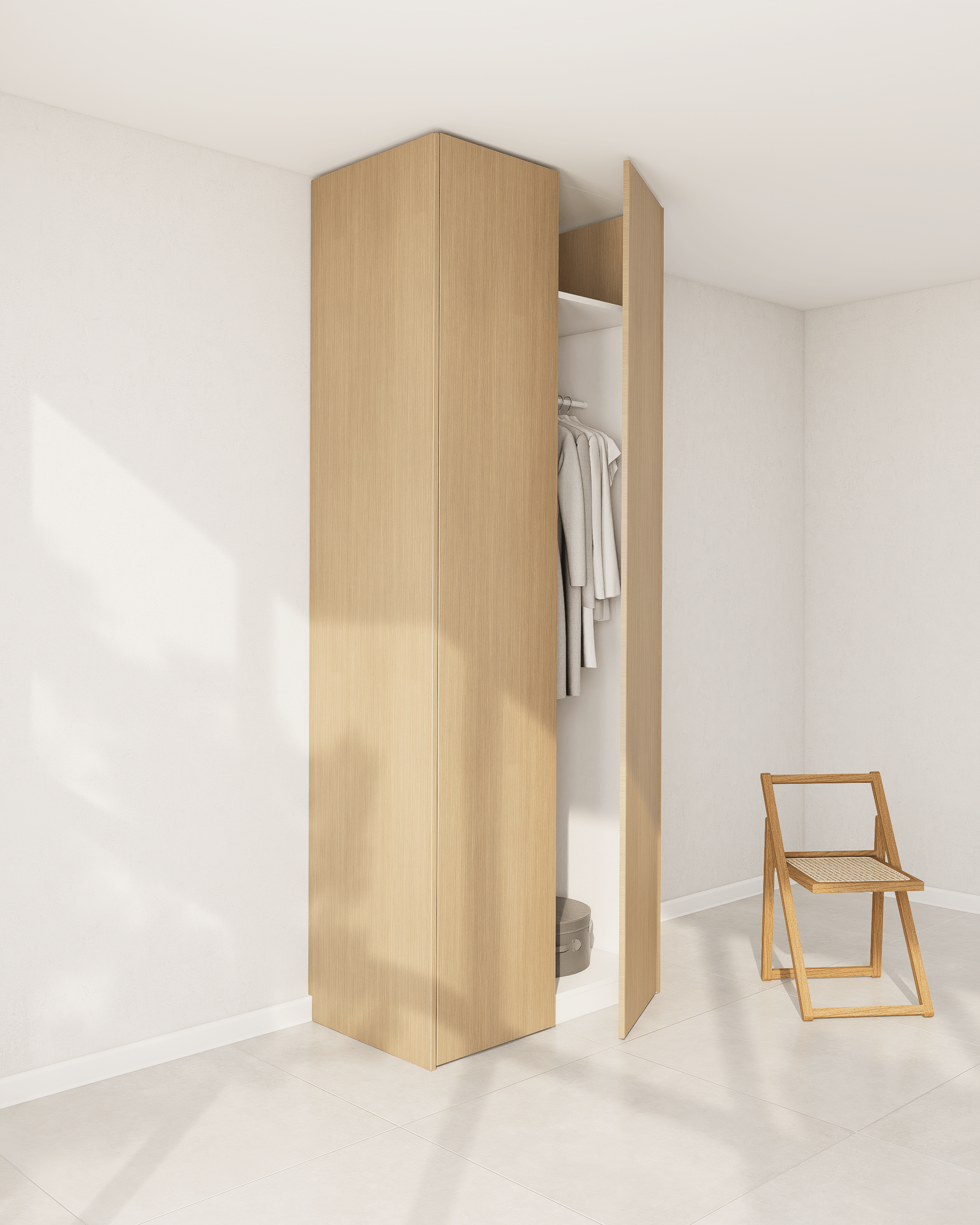 Maßgefertigte, furnierte Außenseite für einen PAX-Schrank in heller Holzoptik.