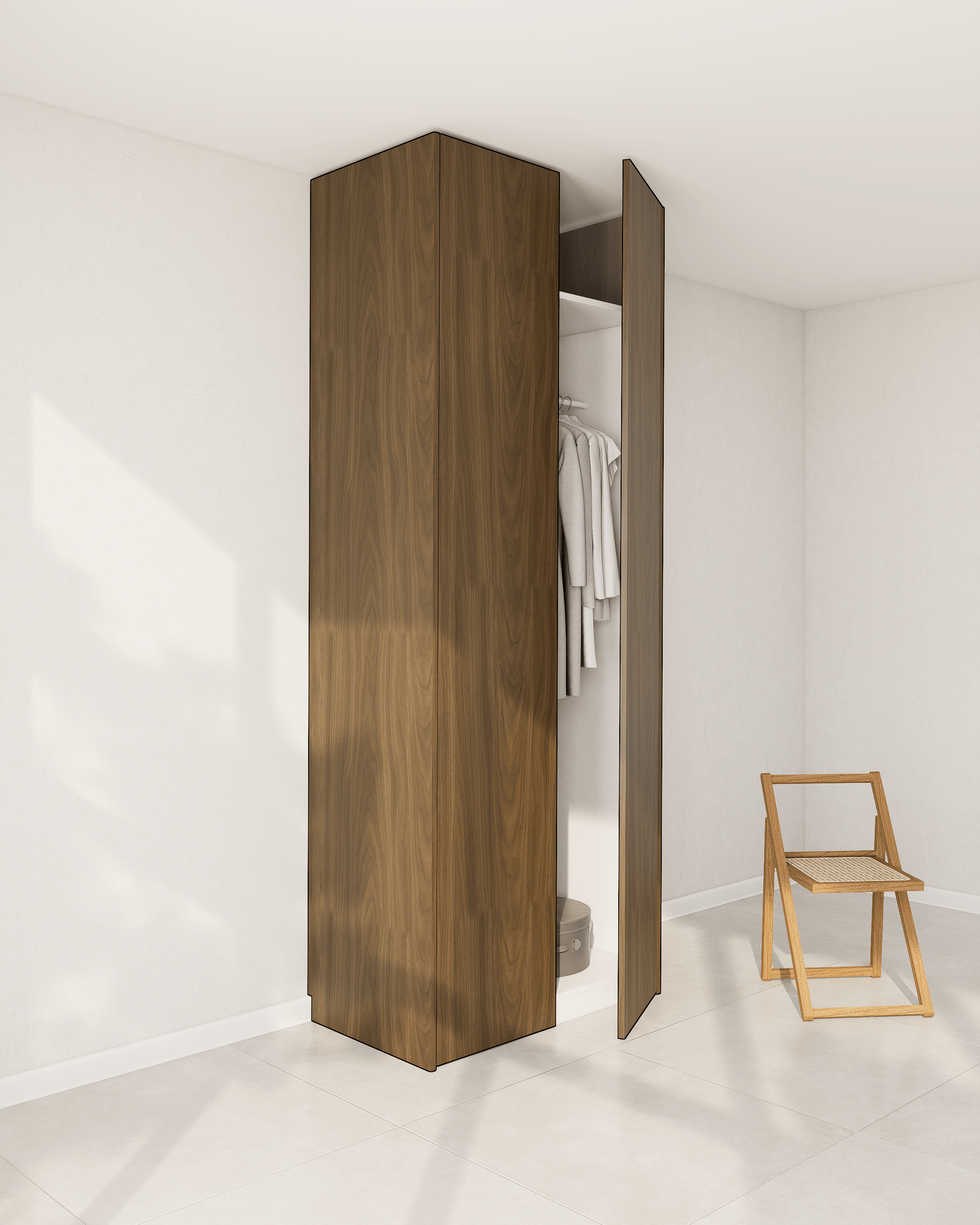 Maßgefertigte, dunkelbraune Echtholzfurnier-Seitenverkleidung für einen PAX-Kleiderschrank.