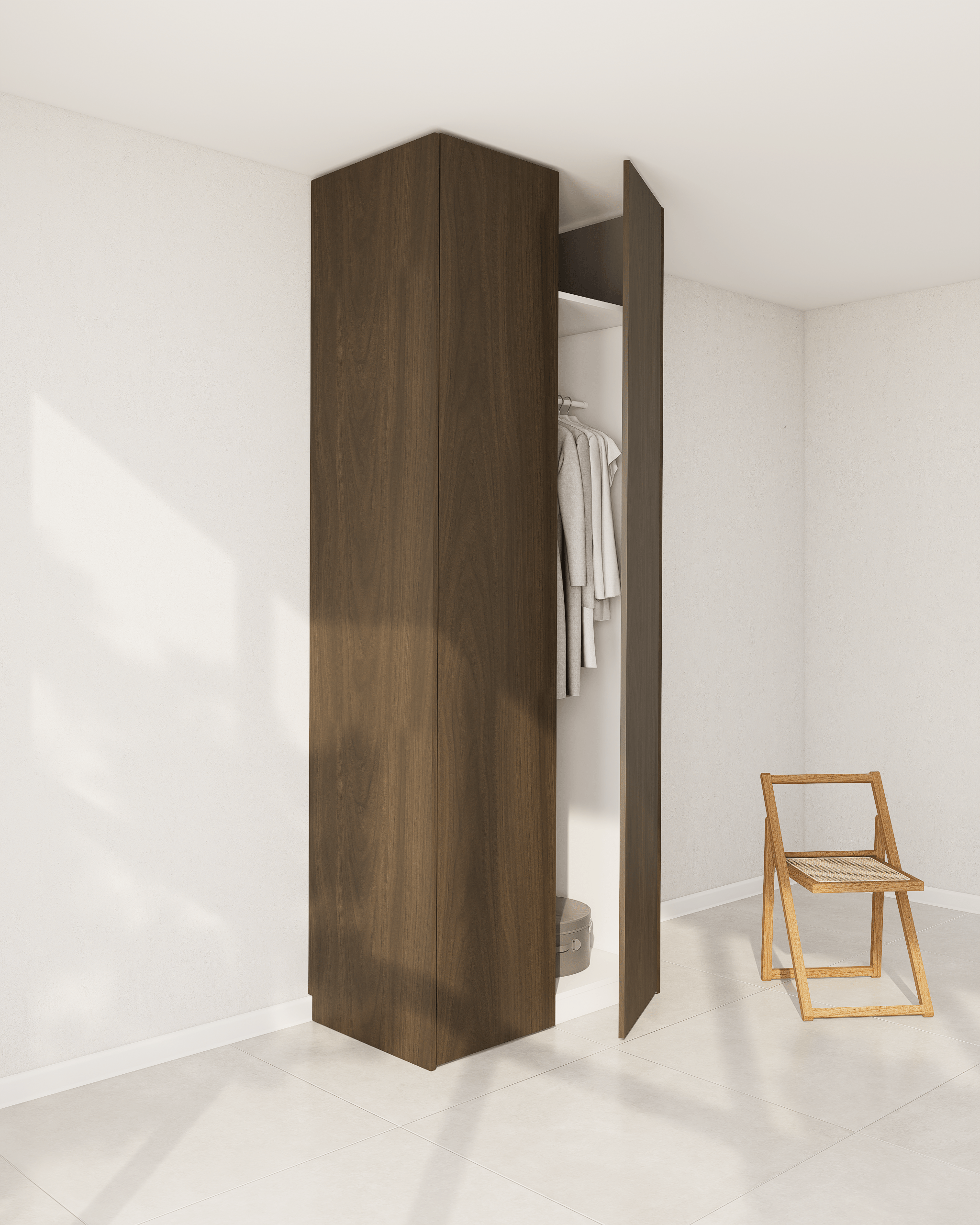 Dunkle Holzfurnier-Seitenverkleidung für einen PAX-Schrank in einem hellen Raum.