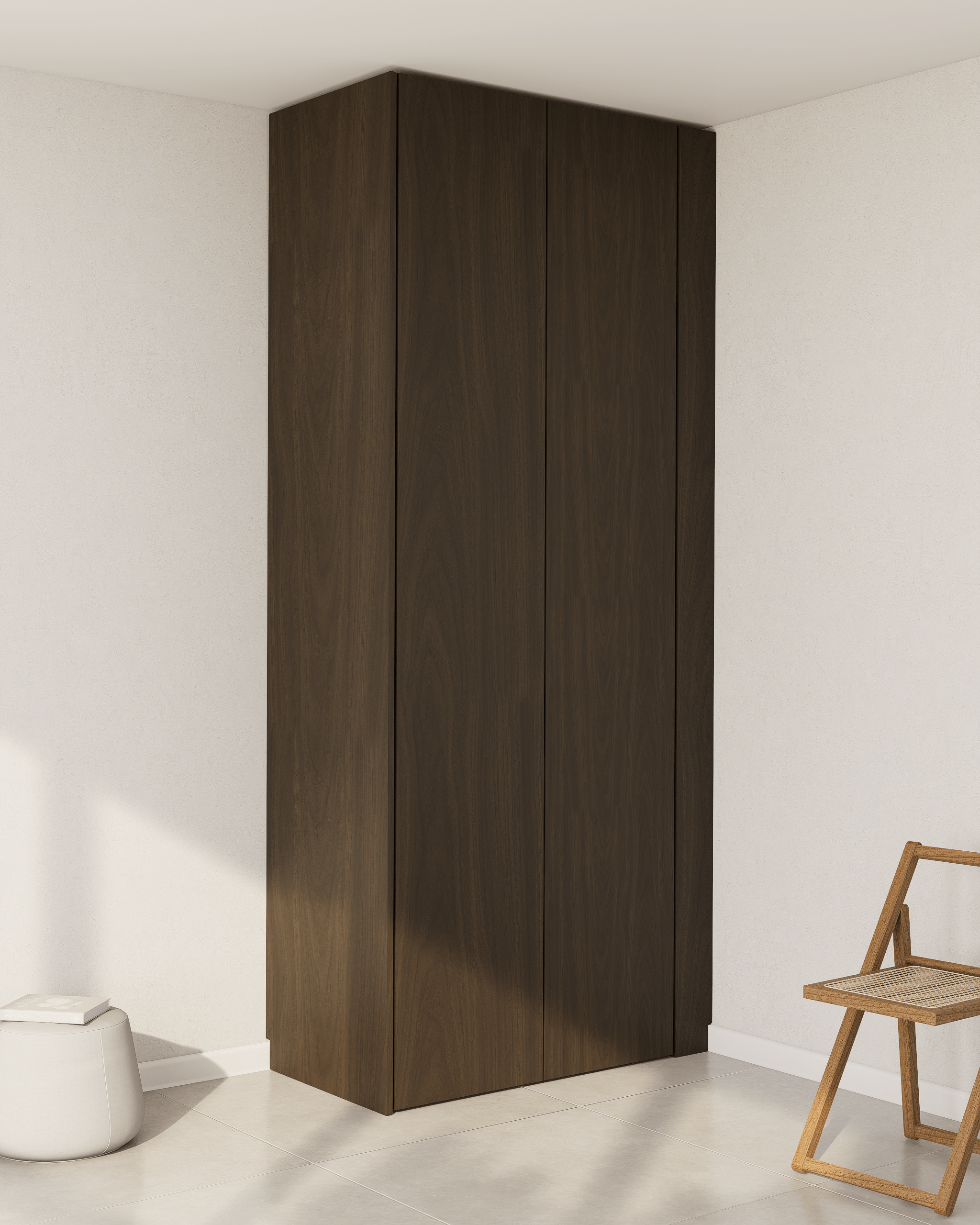 Dunkle Holzfurnier-Wandblende für PAX-Schränke zur Abdeckung seitlicher Lücken.